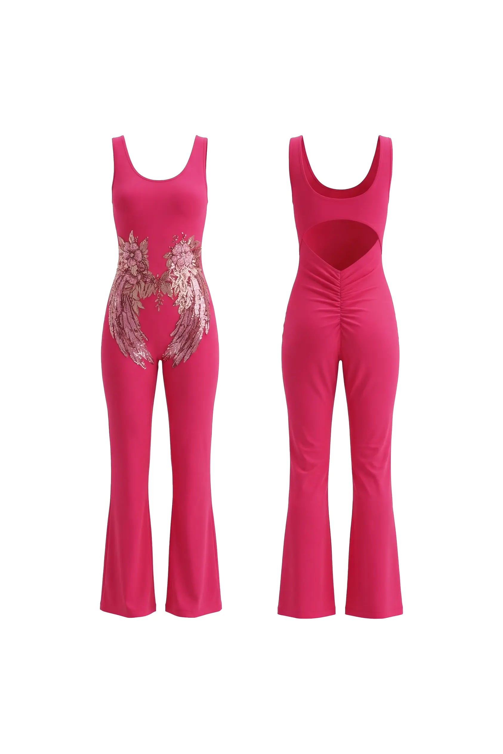 Pink leotard with floral design on a white background, TCH Rhinestone Floral Wing Yoga Jumpsuit