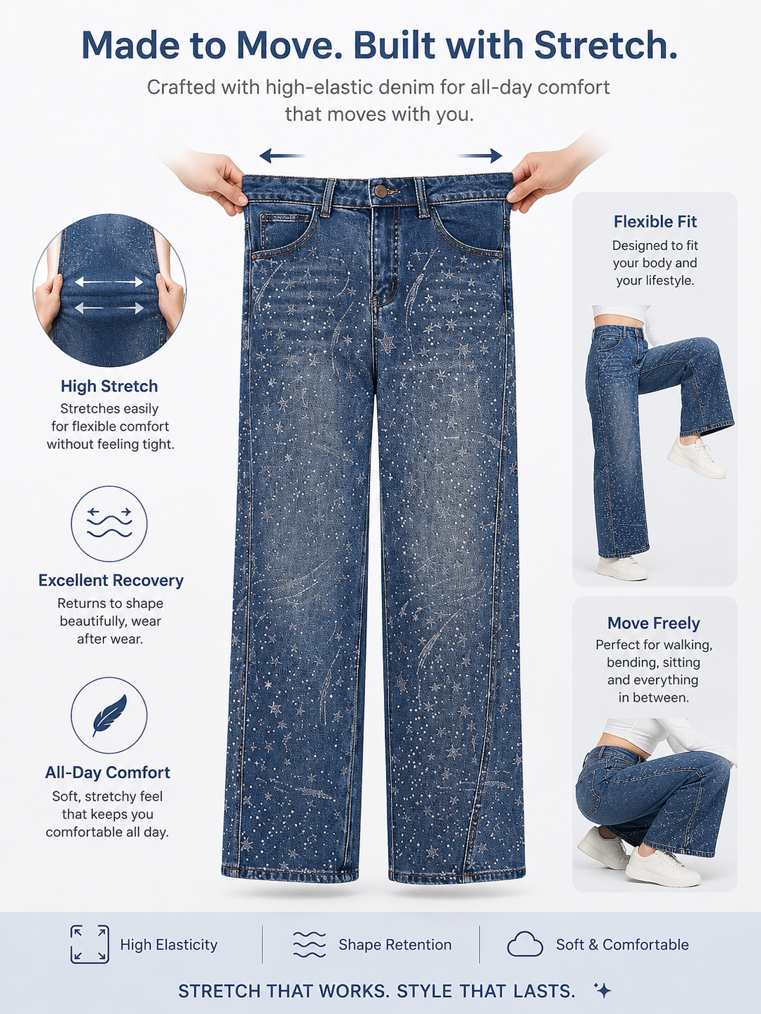 Blue jeans with features highlighted on a white background, TCH Rhinestone Galaxy Sparkle Wide-Leg Jeans