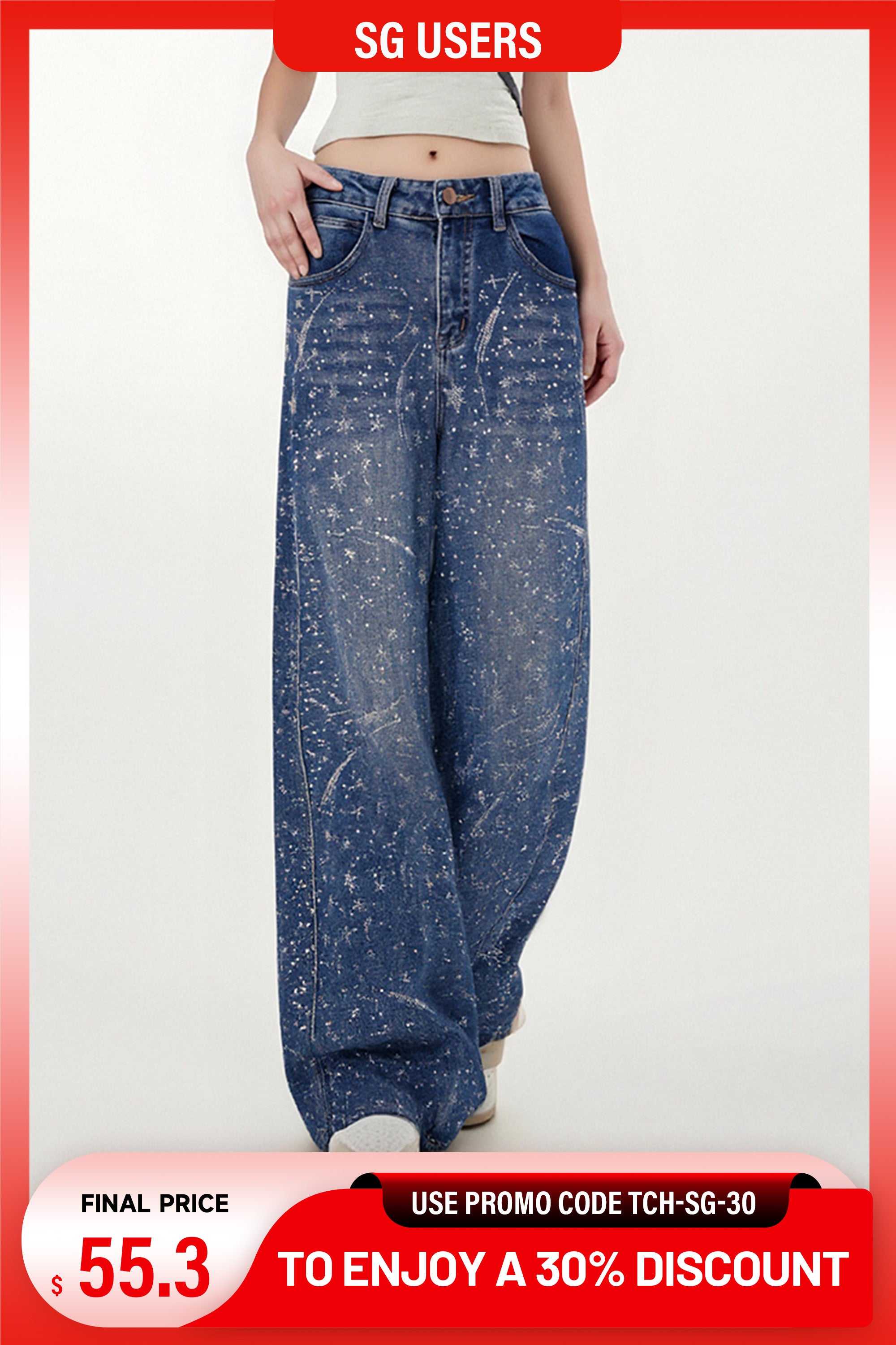 Person wearing blue jeans with a promotional banner at the bottom. TCH Rhinestone Galaxy Sparkle Wide-Leg Jeans