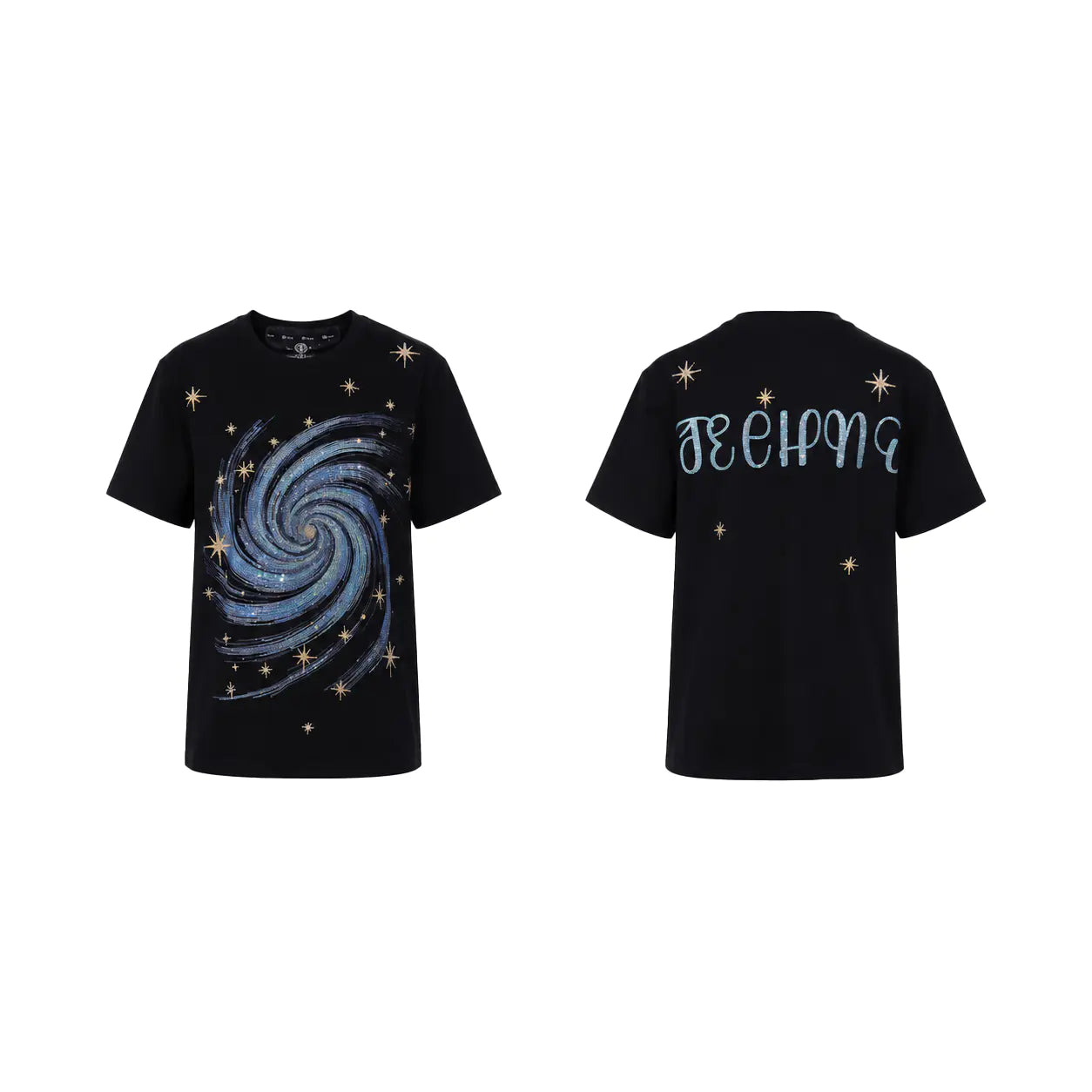 A black short-sleeve T-shirt shown from both front and back on a plain white background. The front features a large blue spiral galaxy graphic with small gold star accents, and the back displays the word 'JEEPING' in light blue script with matching star details. TCH Rhinestone Galaxy Spiral Graphic Black T-Shirt