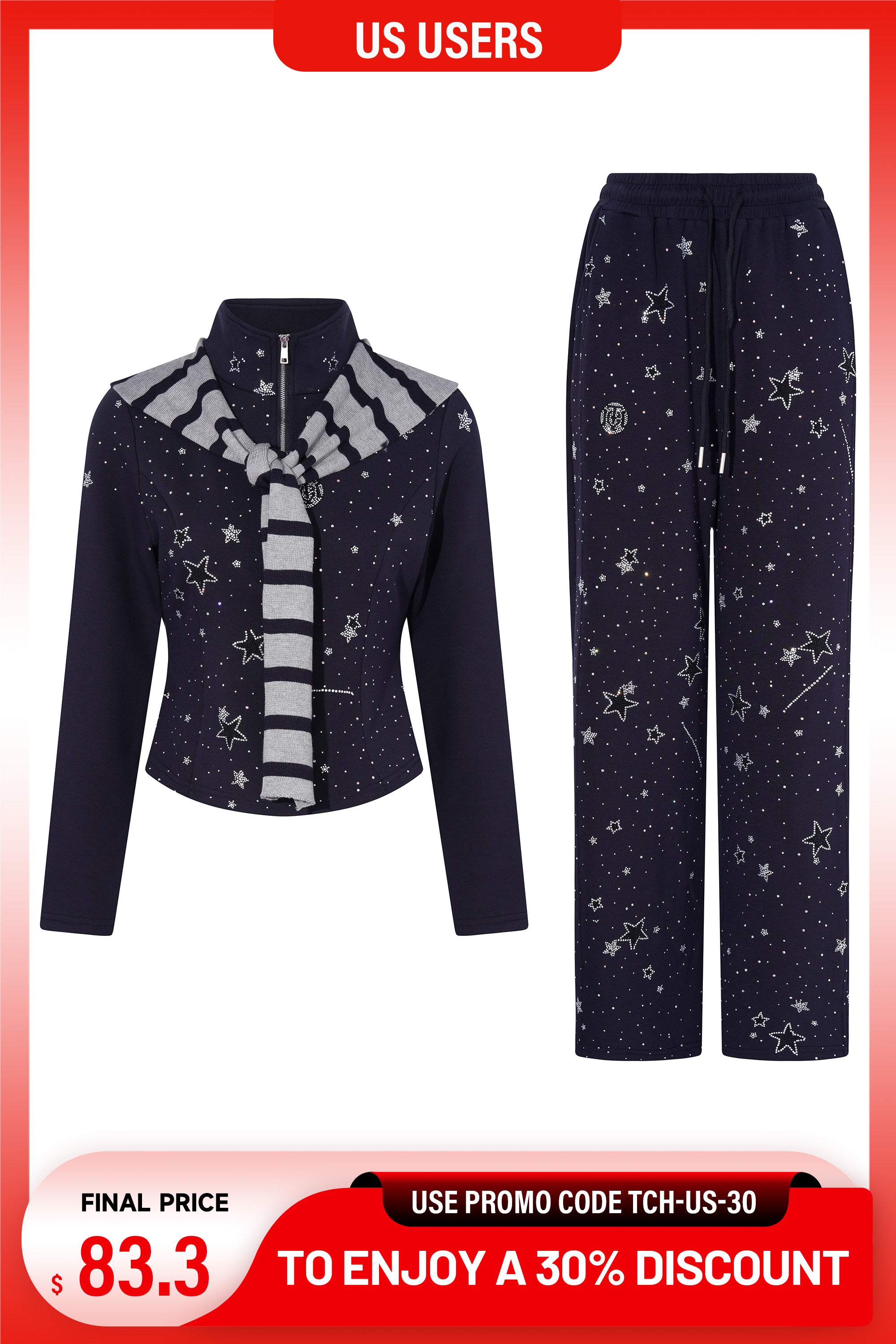 Navy blue outfit with star pattern and gray scarf on a white background, TCH Rhinestone Galaxy Three-Piece Tracksuit Set