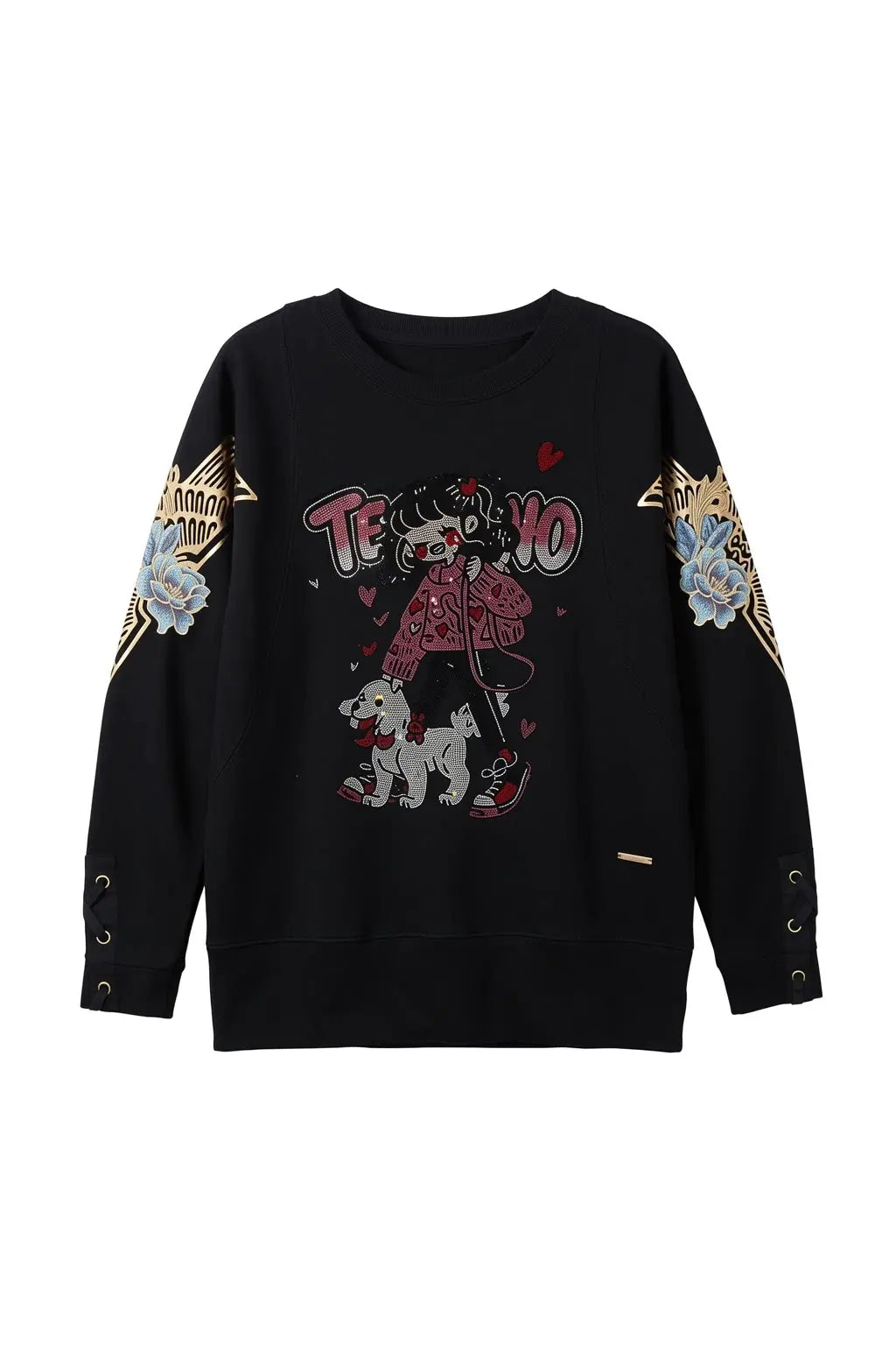 Black sweatshirt with graphic design on a white background, TCH Rhinestone Girl & Dog Graphic Crewneck Sweatshirt