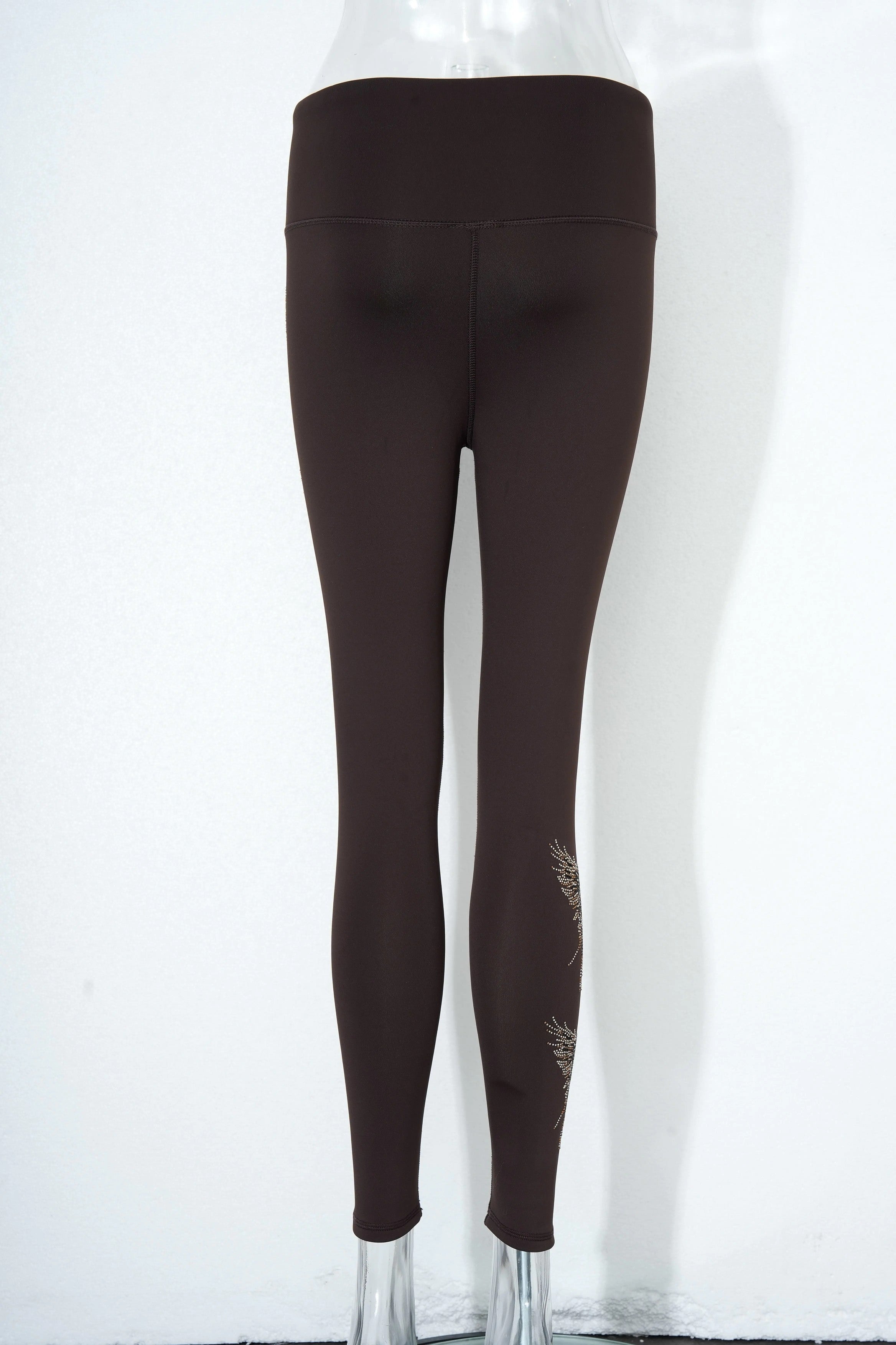 Black leggings with floral embroidery on a white background, TCH Rhinestone Golden Wings Black High-Waist Leggings