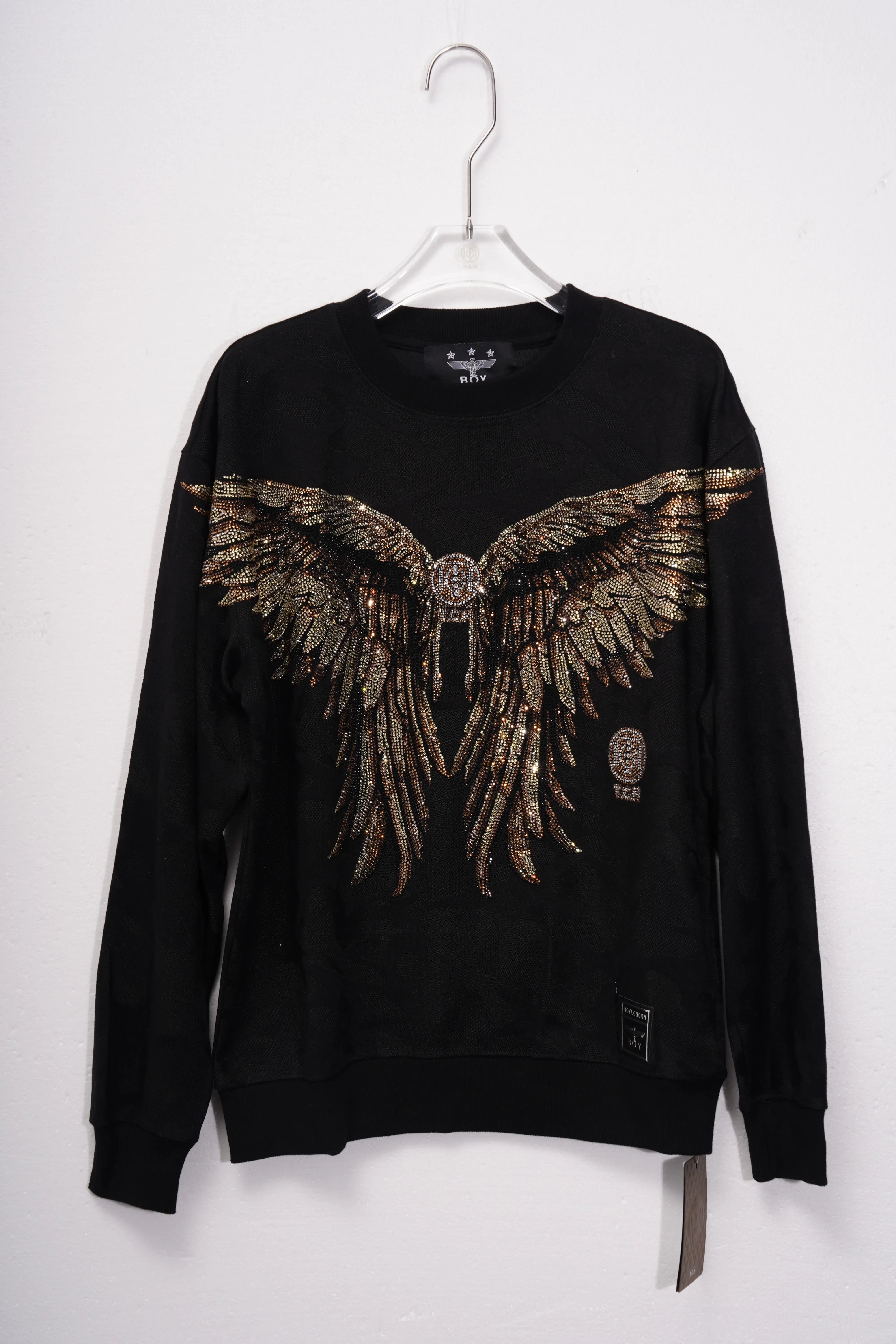 Black sweatshirt with gold sequin wings on a white background, TCH Rhinestone Golden Wings Sweatshirt
