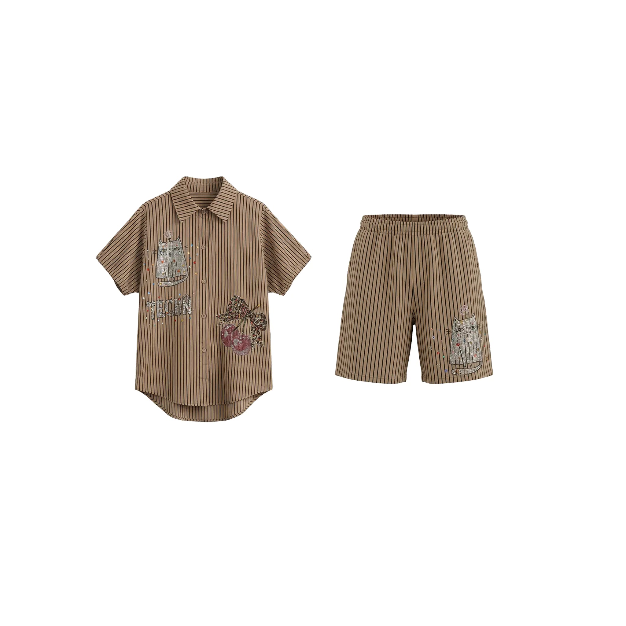Brown shirt and shorts set with decorative patches on a white background, TCH Rhinestone Graffiti Cat & Cherry Set