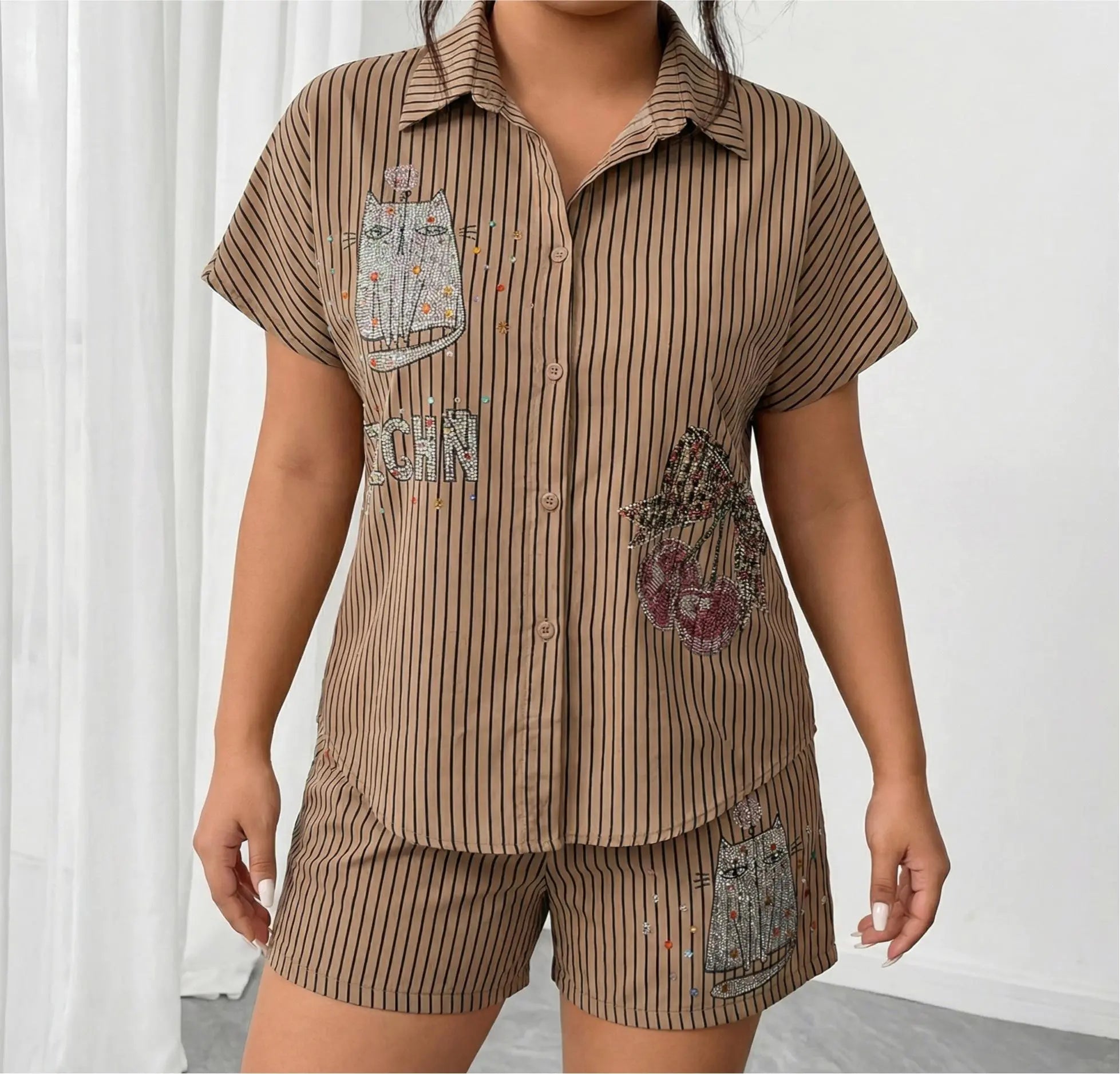 Person wearing a brown pinstripe outfit with decorative pockets against a white curtain background, TCH Rhinestone Graffiti Cat & Cherry Set