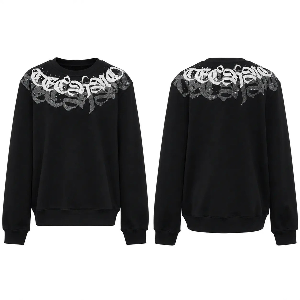 Black crewneck sweatshirt shown from both front and back views, featuring a large white and gray gothic-style graphic across the shoulders. TCH Rhinestone Graphic Black Crewneck Sweatshirt