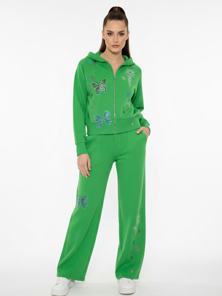 TCH Rhinestone Graphic Hoodies +Wide Leg Pants Set green HighEnd Luxury Streetwear Brand Official Showcase