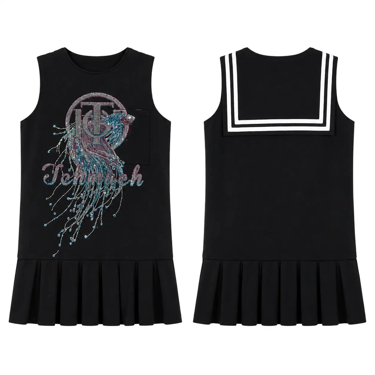 TCH Rhinestone Graphic Pleated Hem Sleeveless Black Dress TCH Rhinestone Graphic Pleated Hem Sleeveless Black Dress