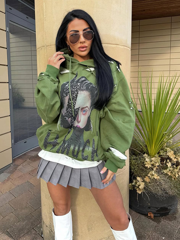 tch rhinestone graphic print hip hop hoodie darkgreen HighEnd Luxury Streetwear Brand Official Showcase