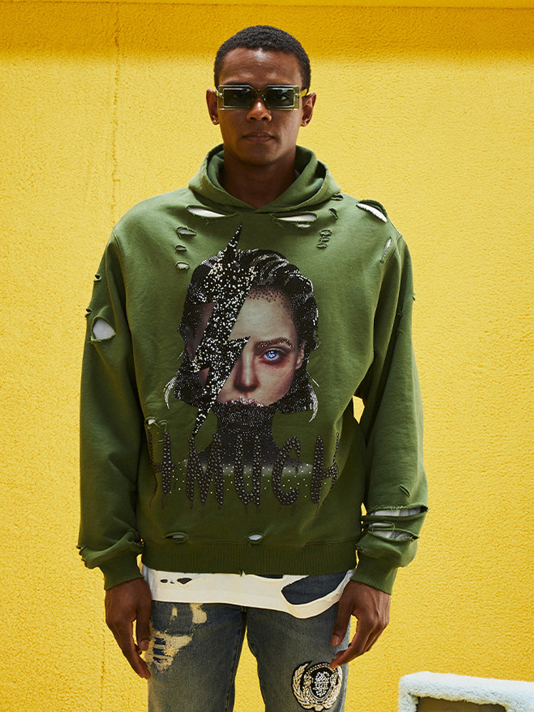 tch rhinestone graphic print hip hop hoodie darkgreen HighEnd Luxury Streetwear Brand Official Showcase