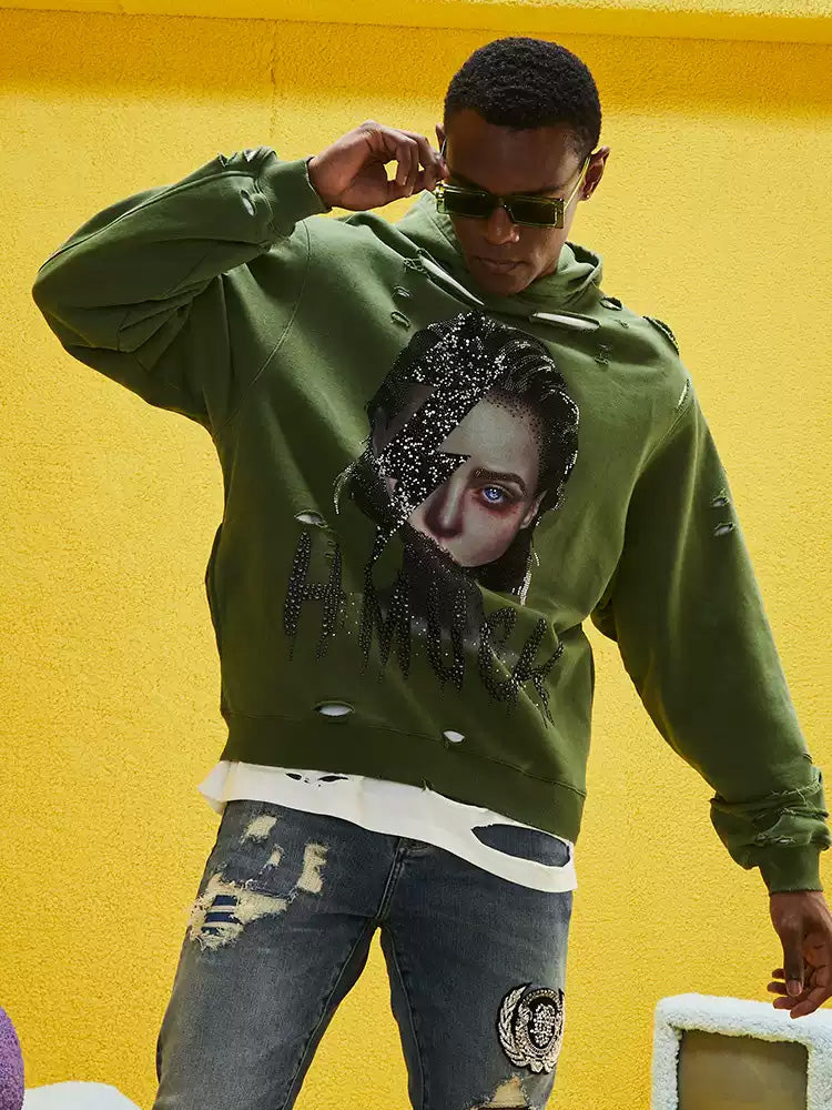 tch rhinestone graphic print hip hop hoodie darkgreen HighEnd Luxury Streetwear Brand Official Showcase