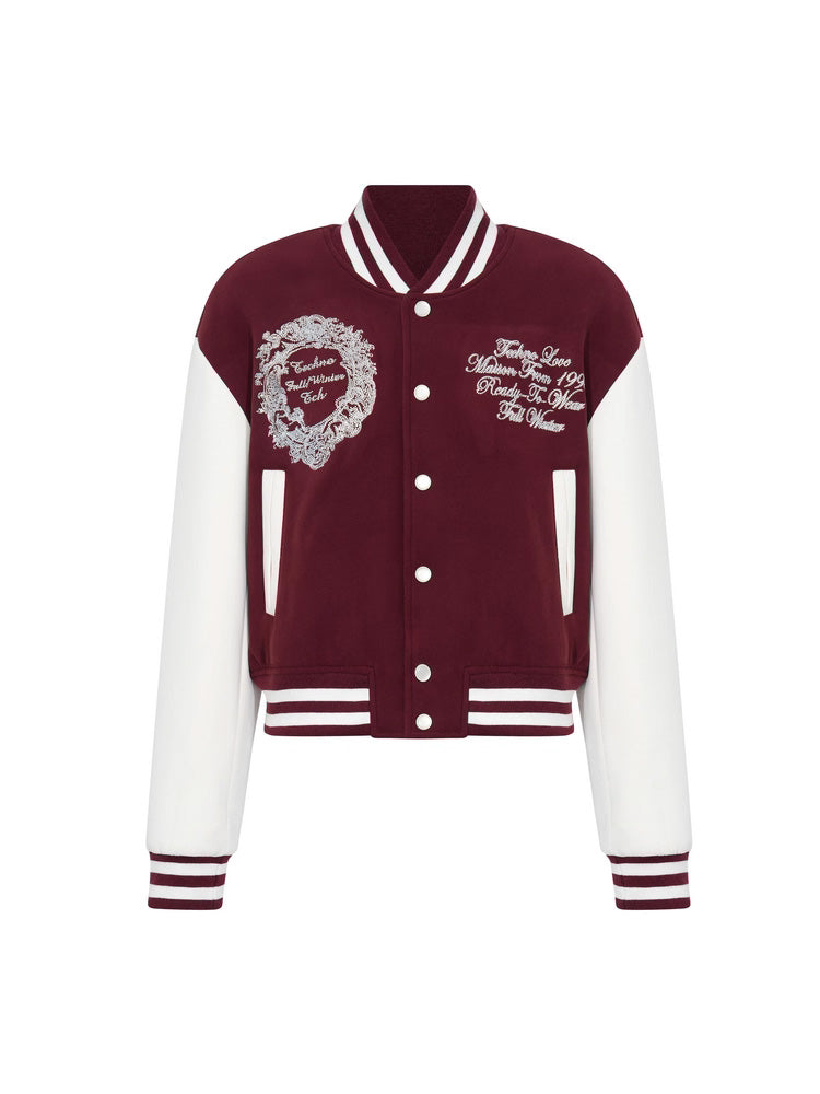 Maroon and white varsity jacket with decorative elements on a white background, TCH Rhinestone Graphic School Baseball Jacket