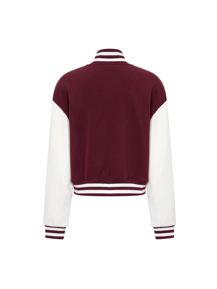 Maroon and white varsity jacket on a white background, TCH Rhinestone Graphic School Baseball Jacket
