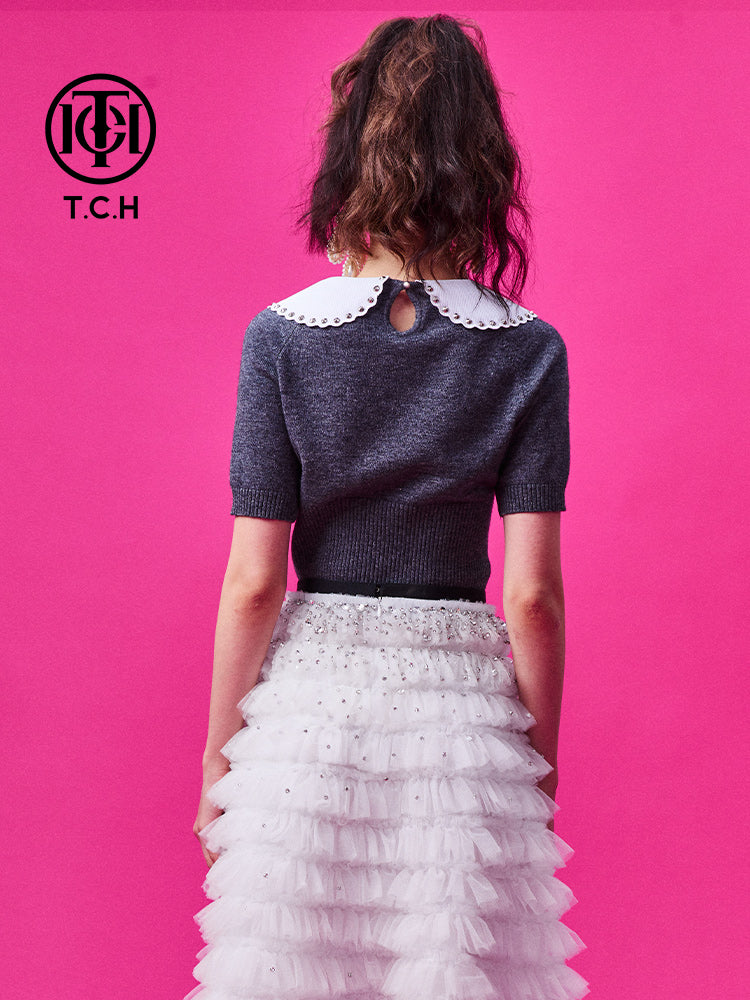 tch rhinestone graphic short sleeve knit sweater gray HighEnd Luxury Streetwear Brand Official Showcase