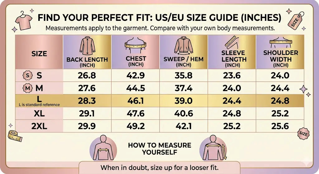 Size chart for clothing measurements in inches with illustrations of garments. TCH Rhinestone Hello Kitty BOYLONDON Sweatshirt