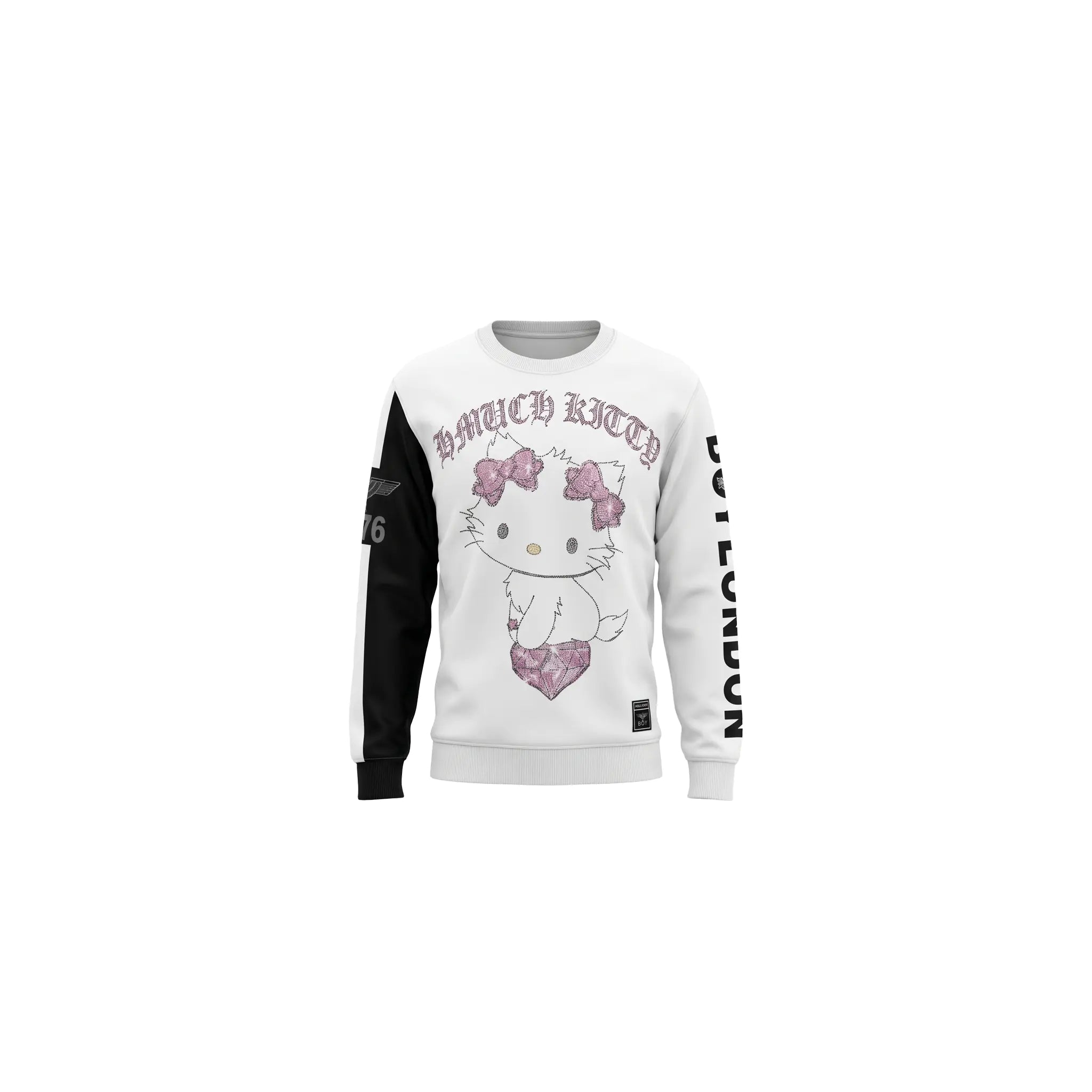 White sweatshirt with cartoon character design on a white background, TCH Rhinestone Hello Kitty BOYLONDON Sweatshirt