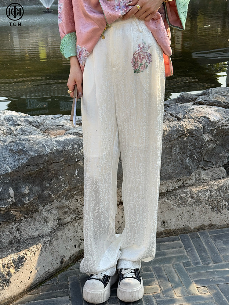 tch rhinestone high waist jacquard palazzo trousers white HighEnd Luxury Streetwear Brand Official Showcase