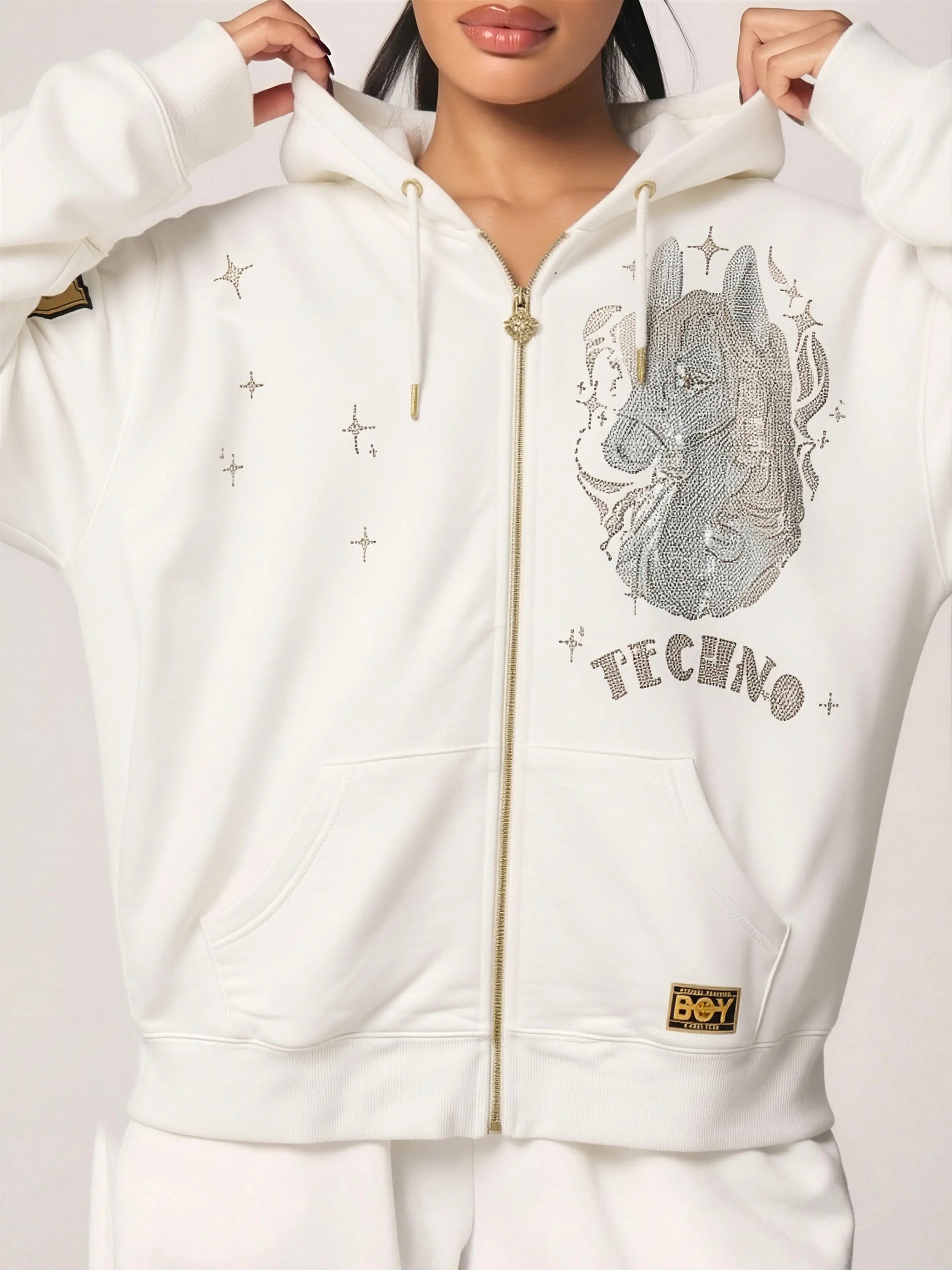White hoodie with graphic design and 'Techno' text on a plain background, TCH Rhinestone Horse Graphic Jacket