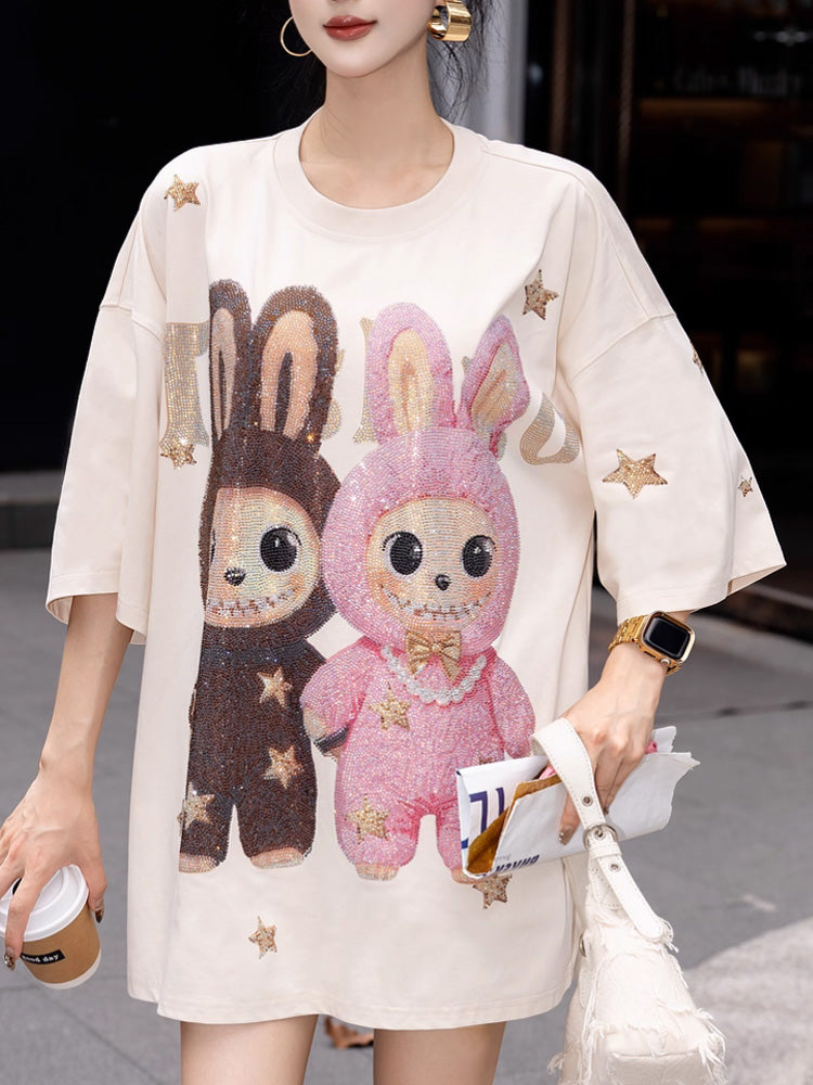 TCH tch rhinestone labubu sparkling oversized t-shirt (khaki-1