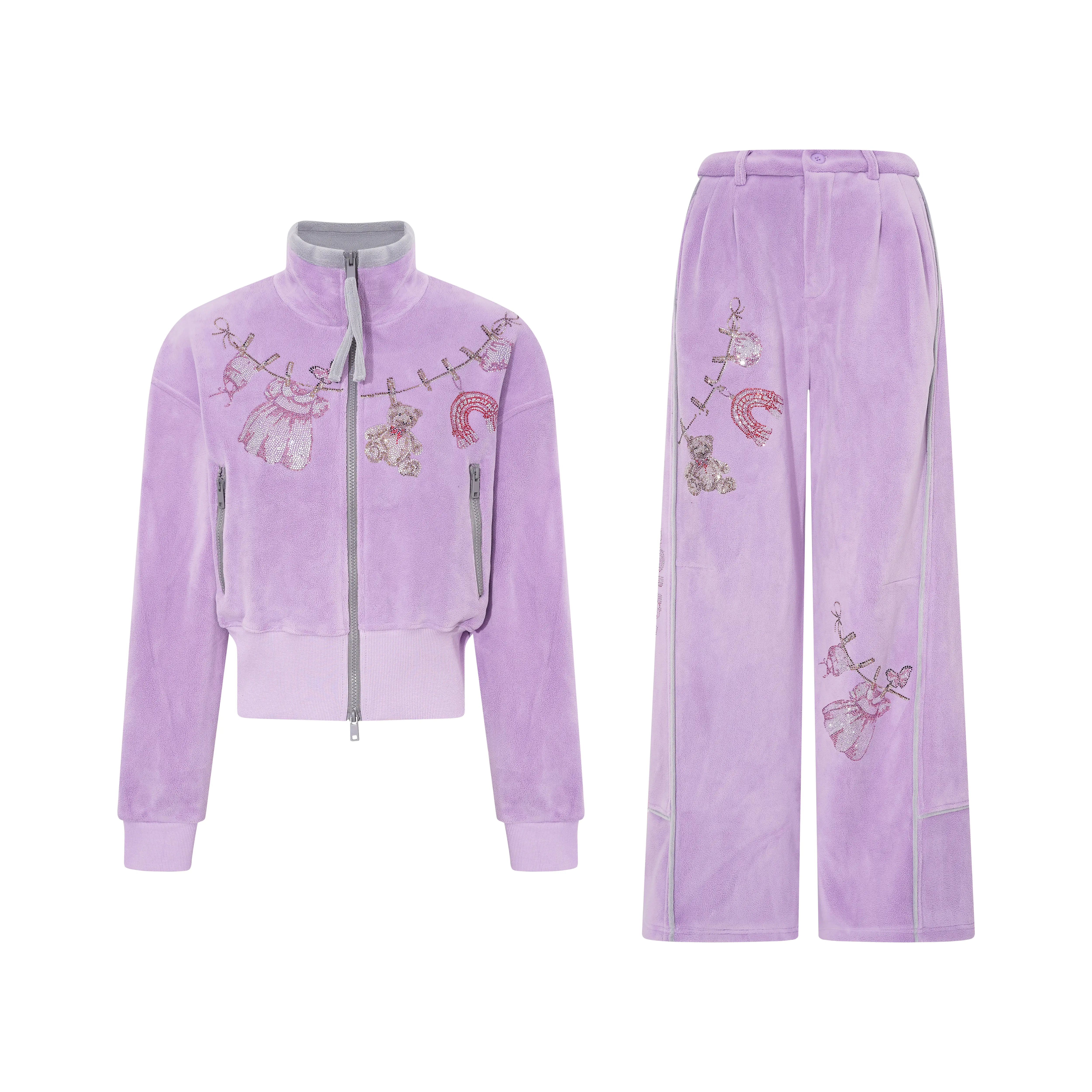 Purple tracksuit with embroidered designs on a white background, TCH Rhinestone Laundry Line Purple Zip Turtleneck Set