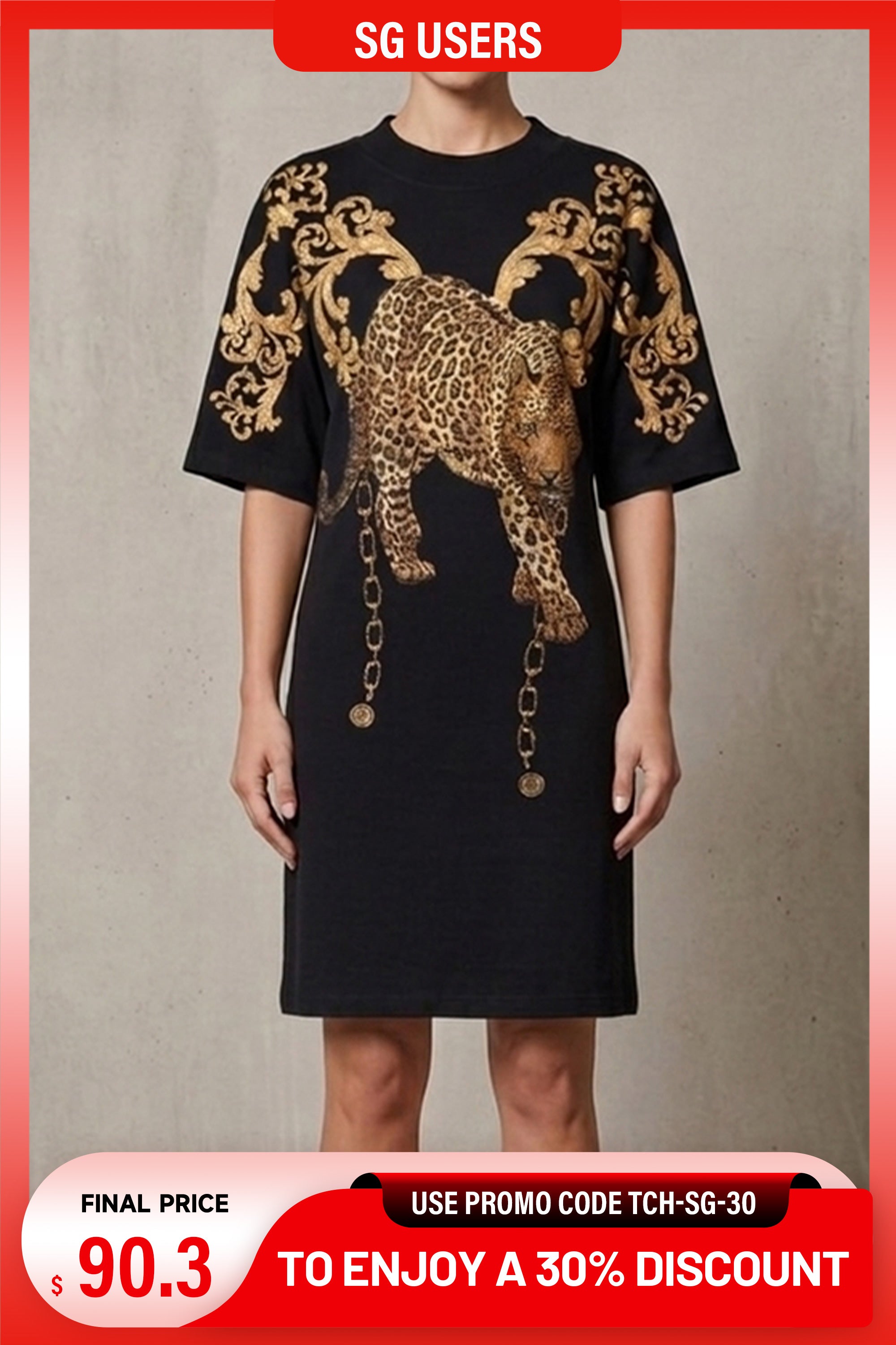 Black dress with gold leopard design on a gray background, with promotional text overlay. TCH Rhinestone Leopard Baroque Print T-Shirt Dress