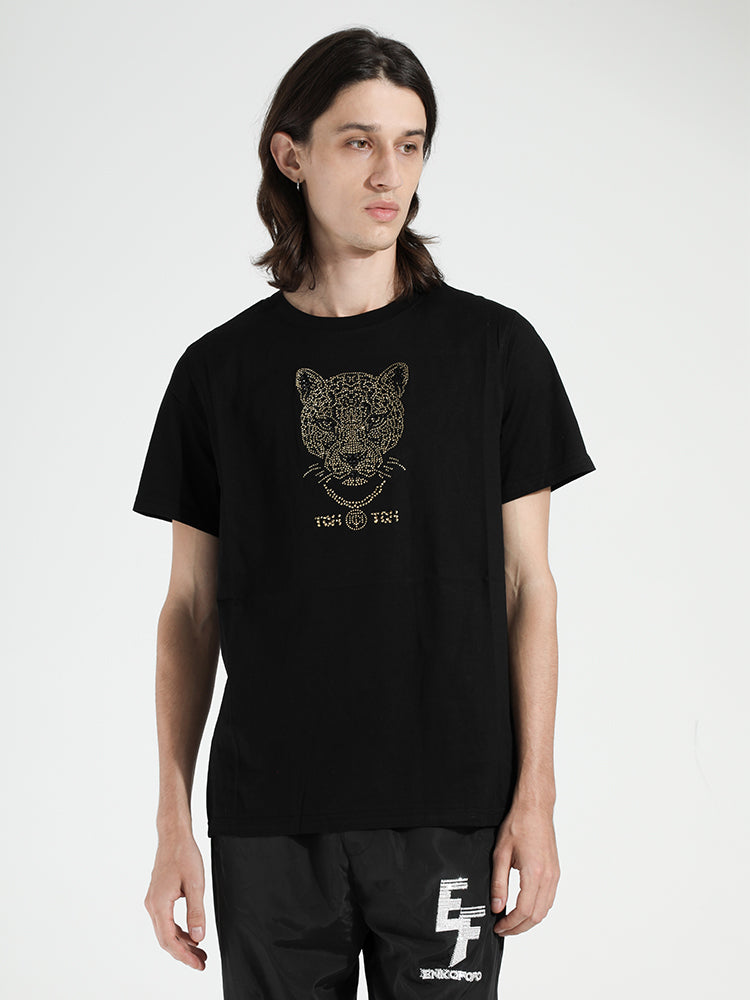 TCH Black Cotton T-Shirt with Gold Rhinestone Leopard Graphic - Men's Luxury Streetwear Graphic Tee