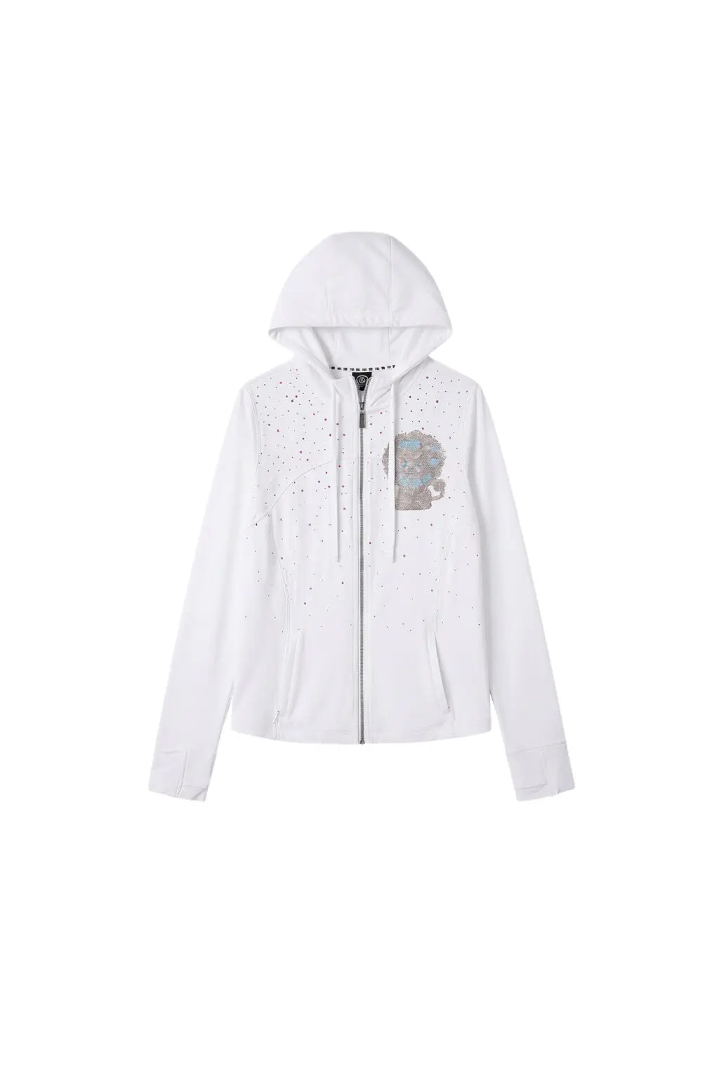 White hooded jacket with a small graphic on the chest against a white background, TCH Rhinestone Lion & Horse Head Hoodie