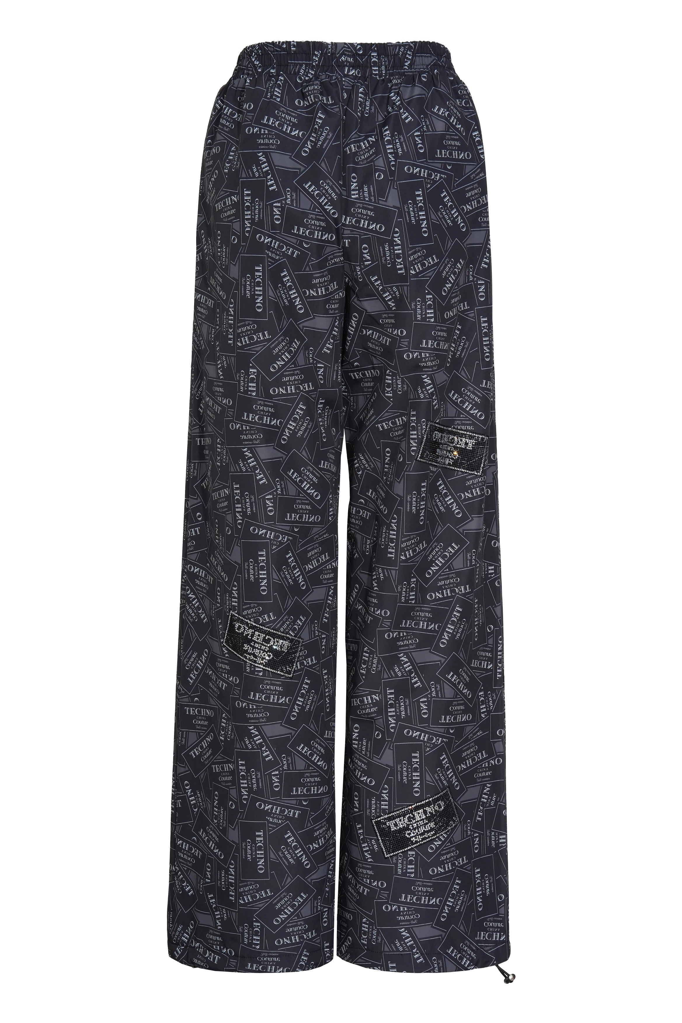 Dark blue pants with text pattern on a white background, TCH Rhinestone Logo Patch Wide-Leg Track Pants
