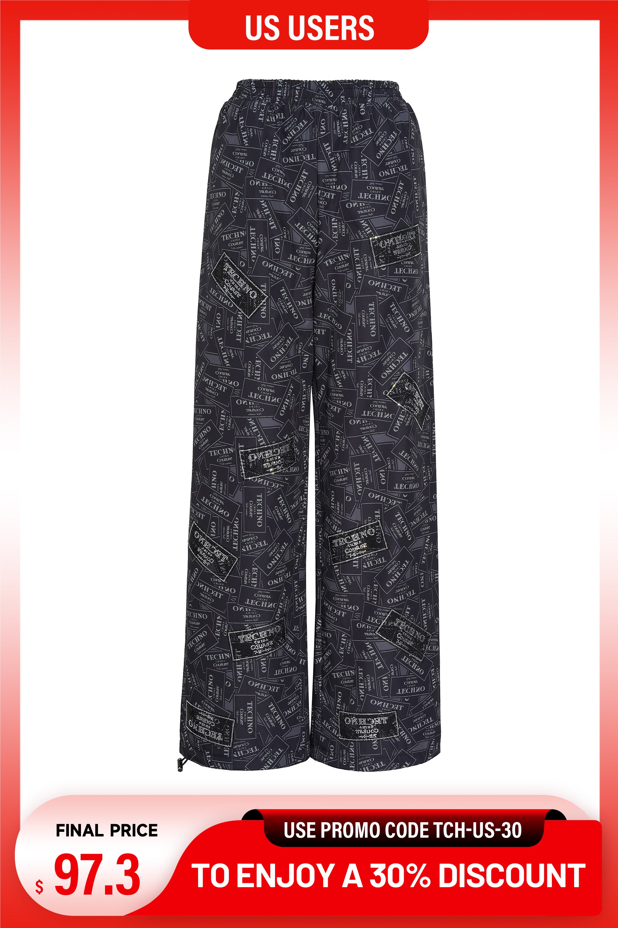 Wide-leg pants with a pattern on a white background, with a promotional banner at the bottom. TCH Rhinestone Logo Patch Wide-Leg Track Pants