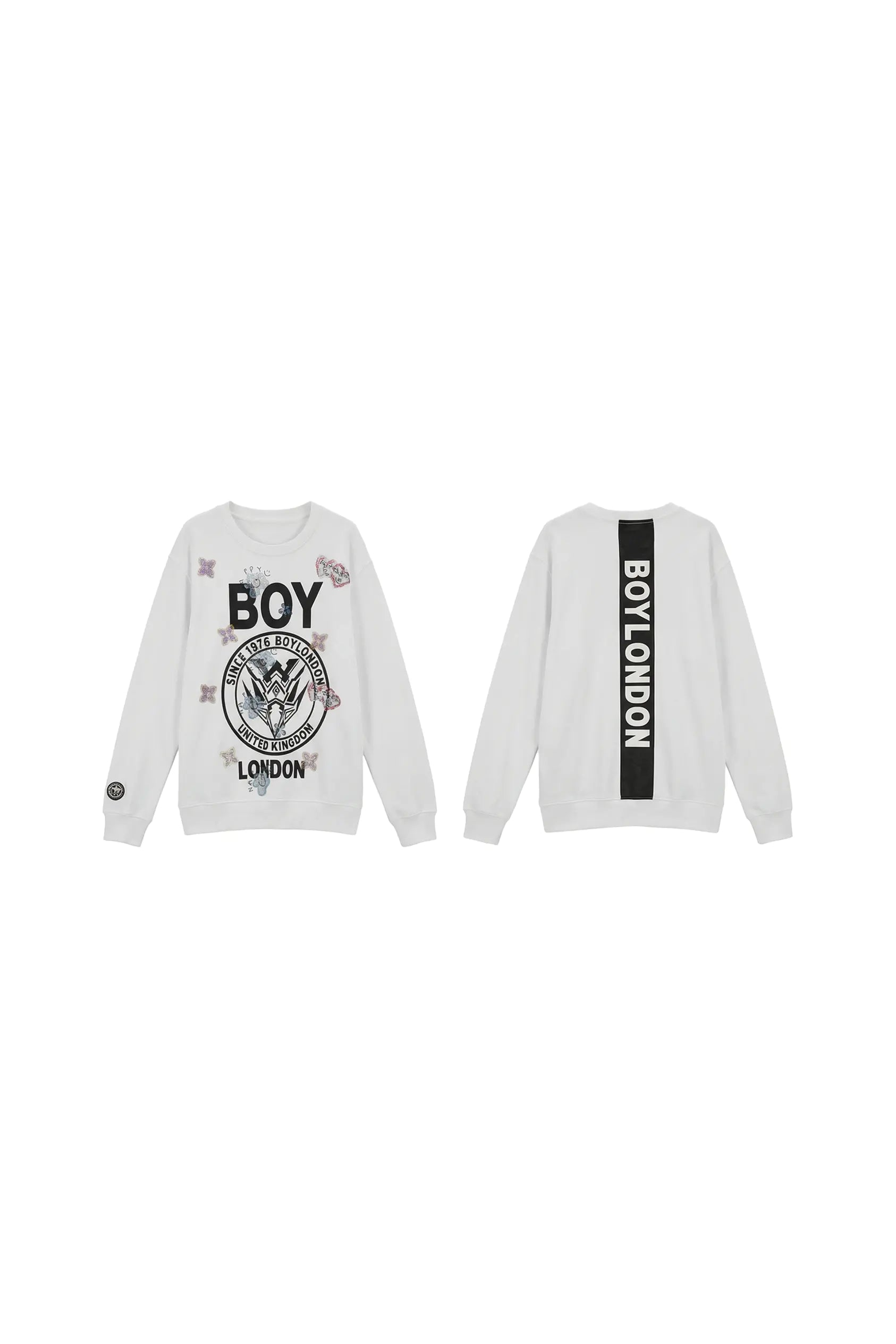 White sweatshirt with 'BOY LONDON' branding on a white background, TCH Rhinestone Logo Print Crew Neck Sweatshirt