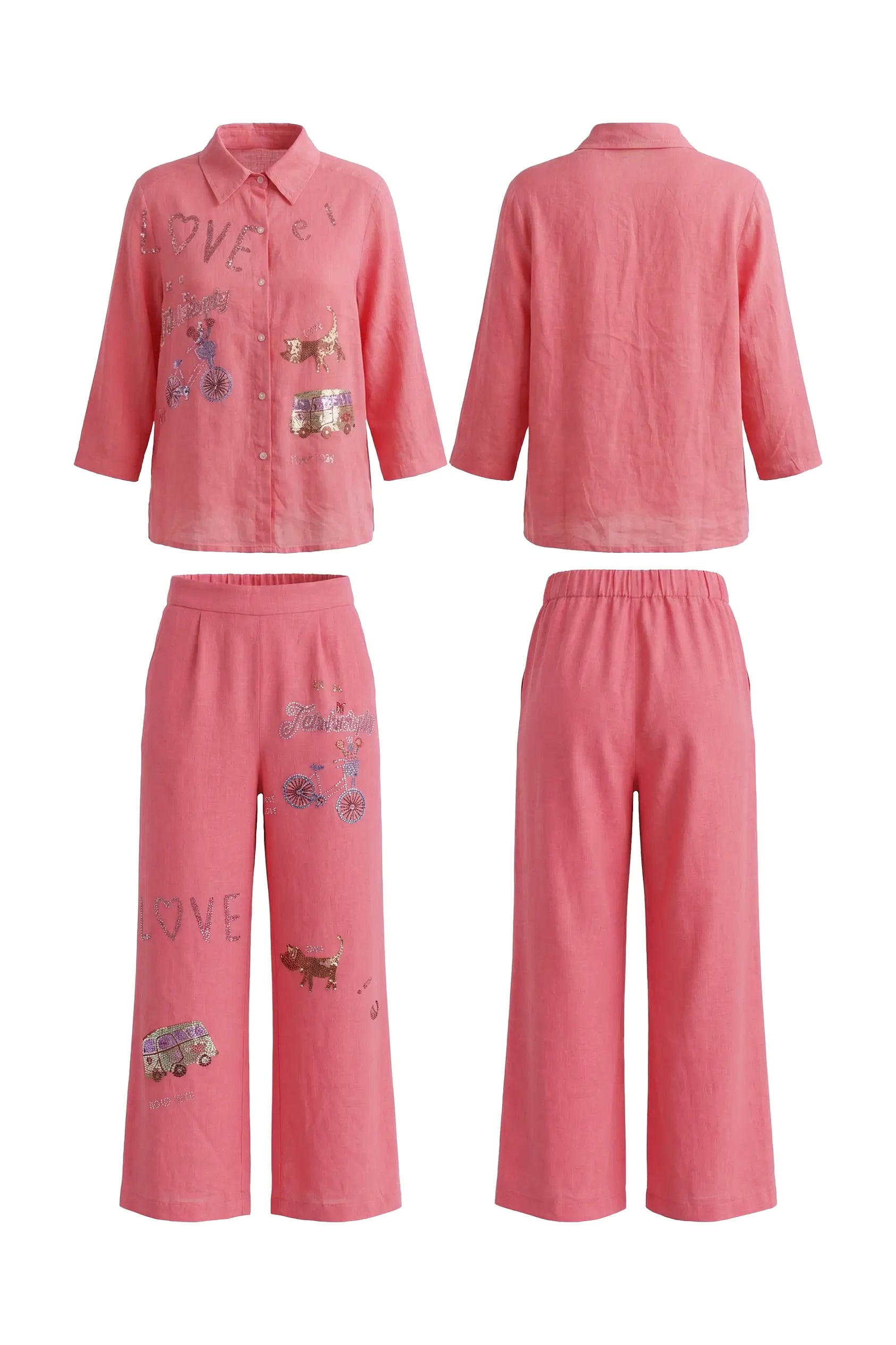 Pink pajama set with embroidered designs on a white background, TCH Rhinestone Love Lucky Pig Set