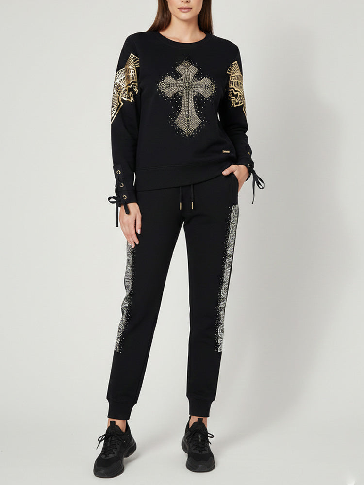 TCH Rhinestone Luxe Cross & Wings Sweatshirt black HighEnd Luxury Streetwear Brand Official Showcase