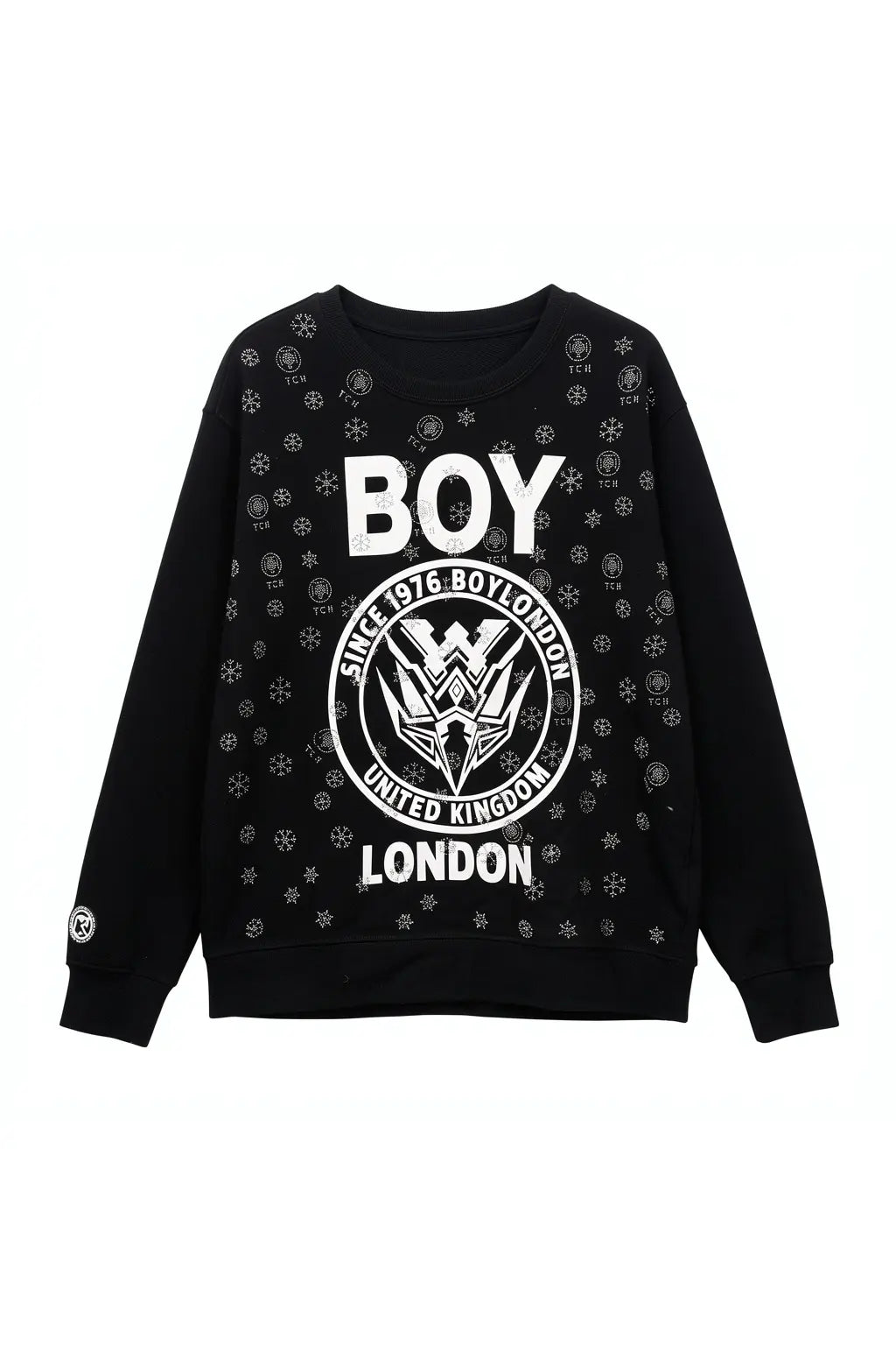 Black sweatshirt with white text and logo on a white background, TCH Rhinestone Mech Logo Crew Neck Sweatshirt