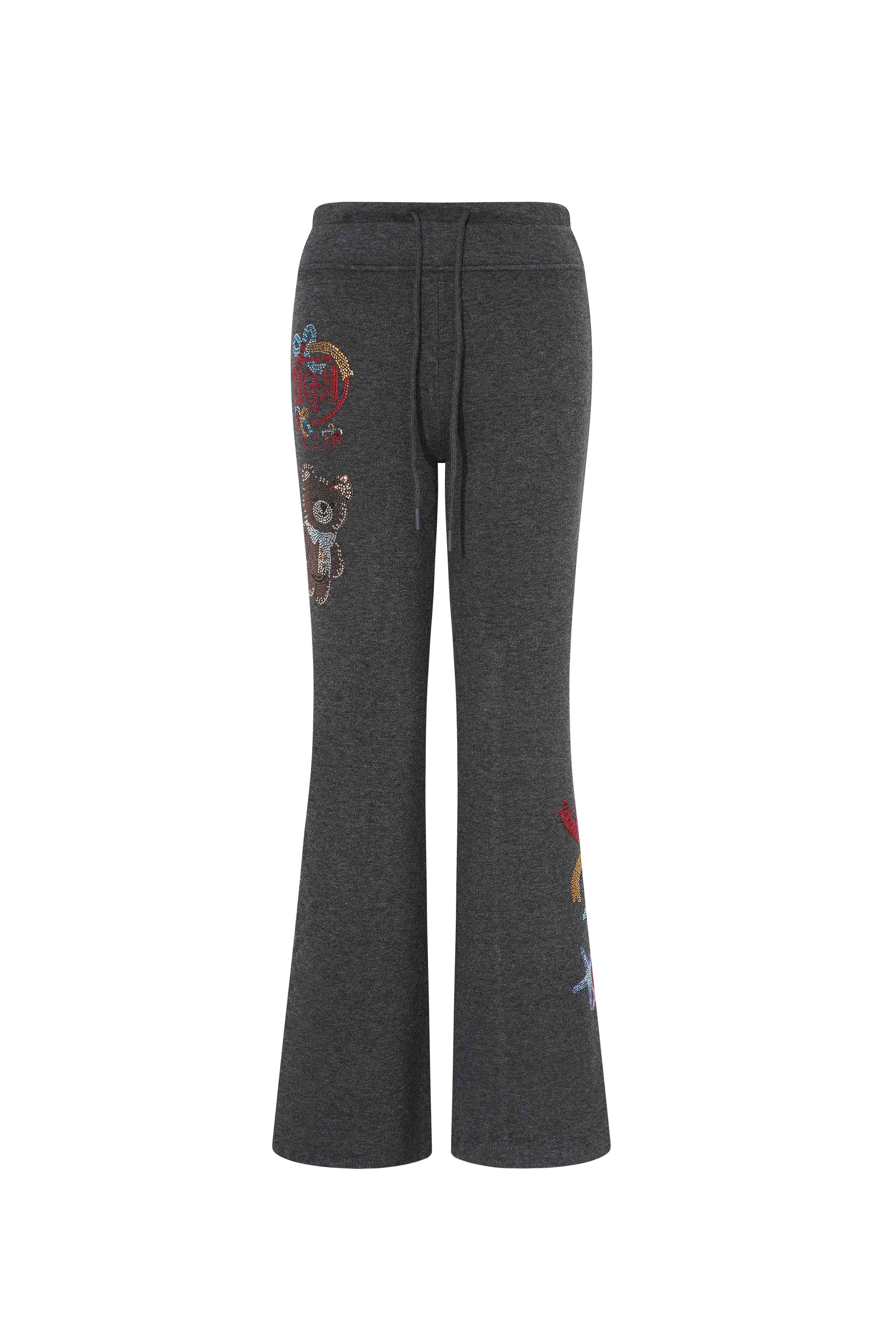 Dark gray pants with colorful embroidery on a white background, TCH Rhinestone New Year Logo Teddy Bear Grey Jogger Pants