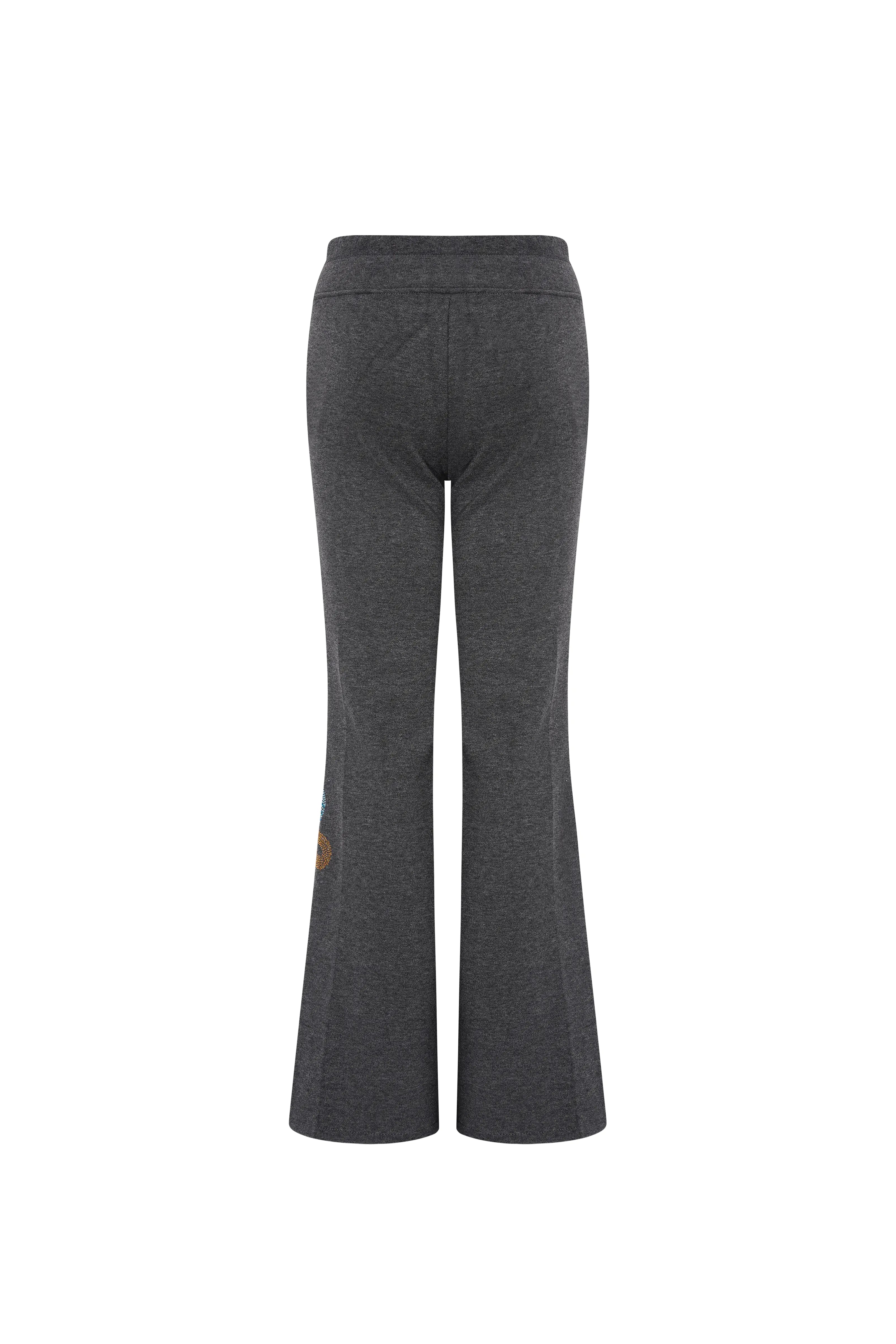 Dark gray flared pants on a white background, TCH Rhinestone New Year Logo Teddy Bear Grey Jogger Pants