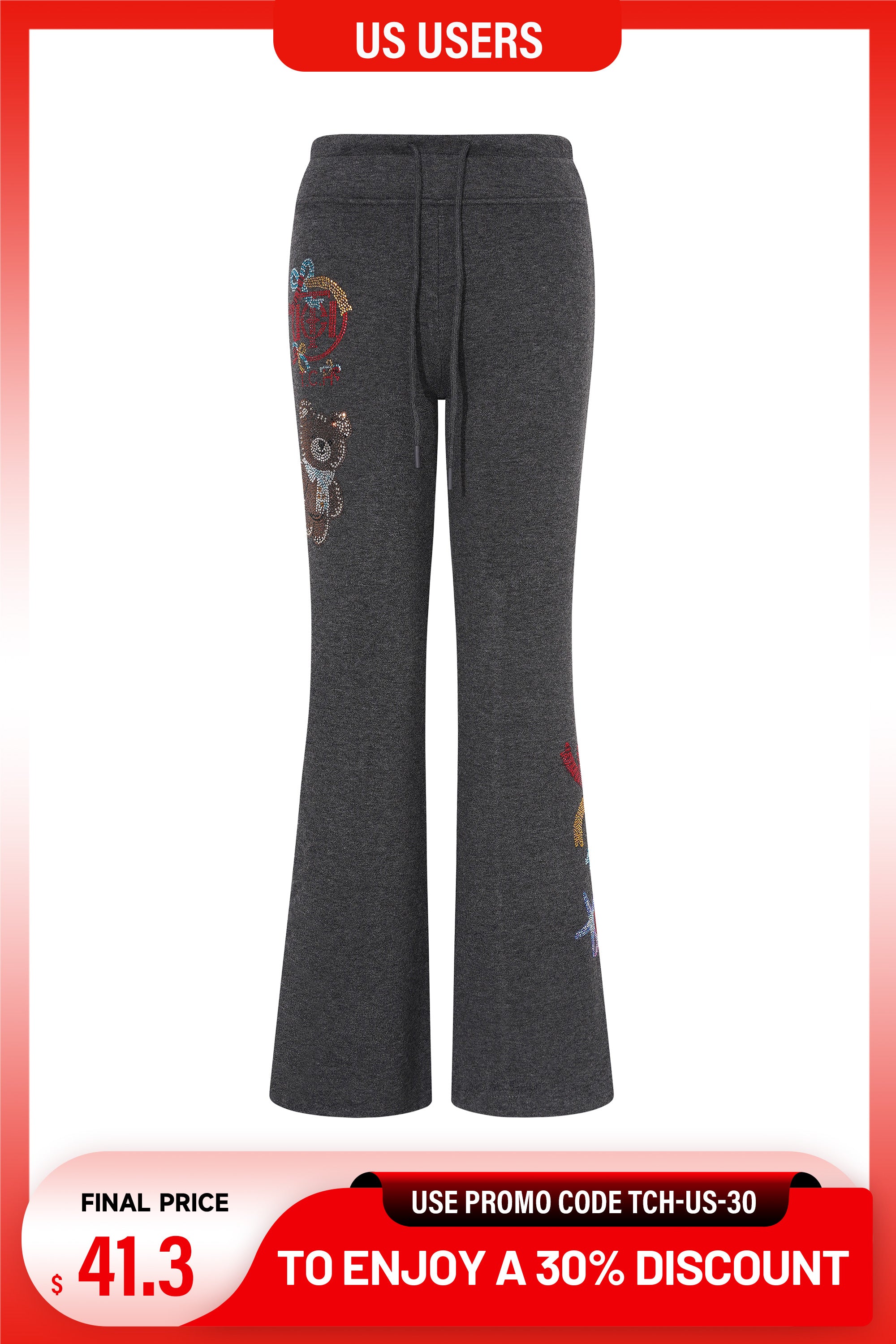 Gray flared pants with colorful embroidery on a white background, TCH Rhinestone New Year Logo Teddy Bear Grey Jogger Pants