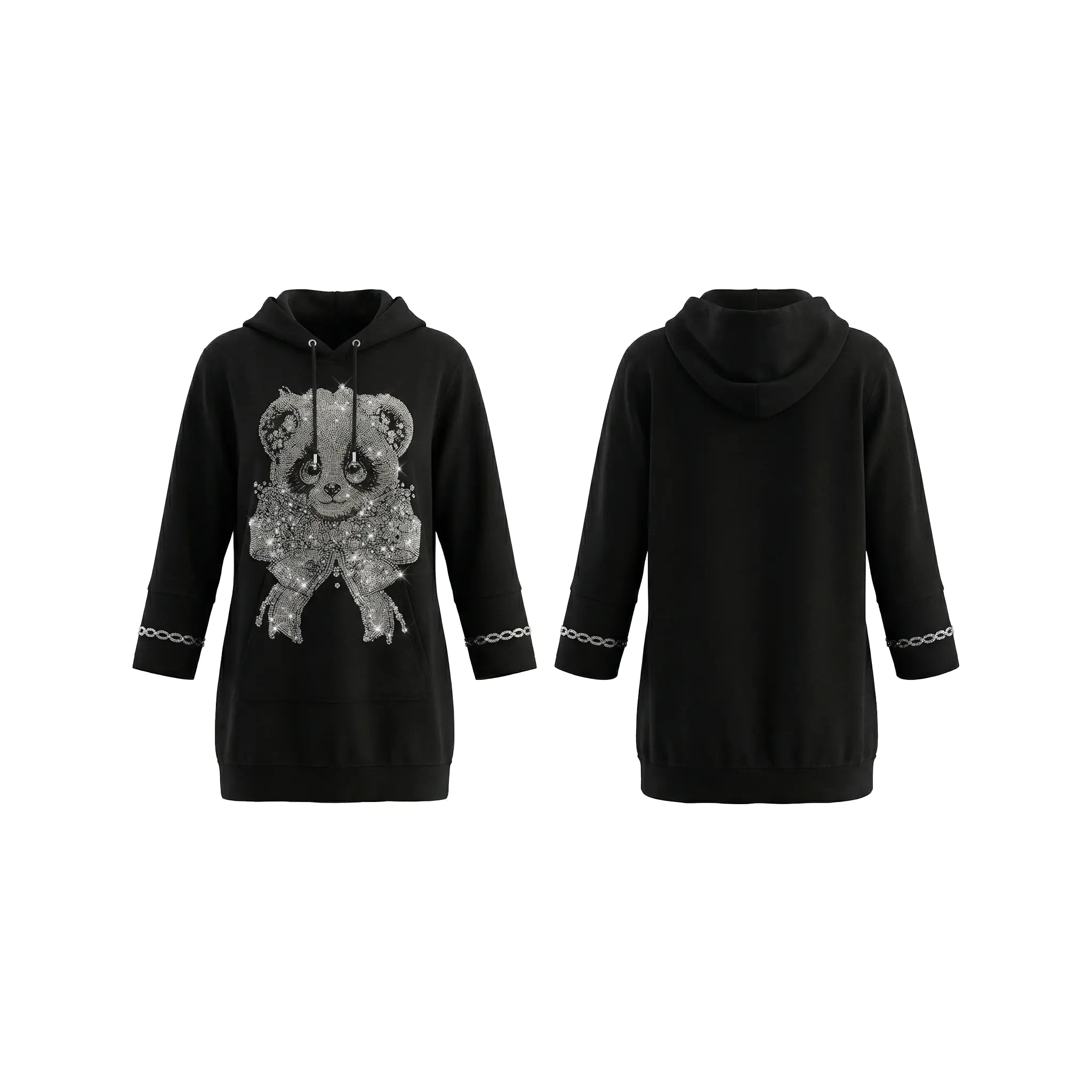 Black hoodie with a bear design on a white background, TCH Rhinestone Panda Bow Dress