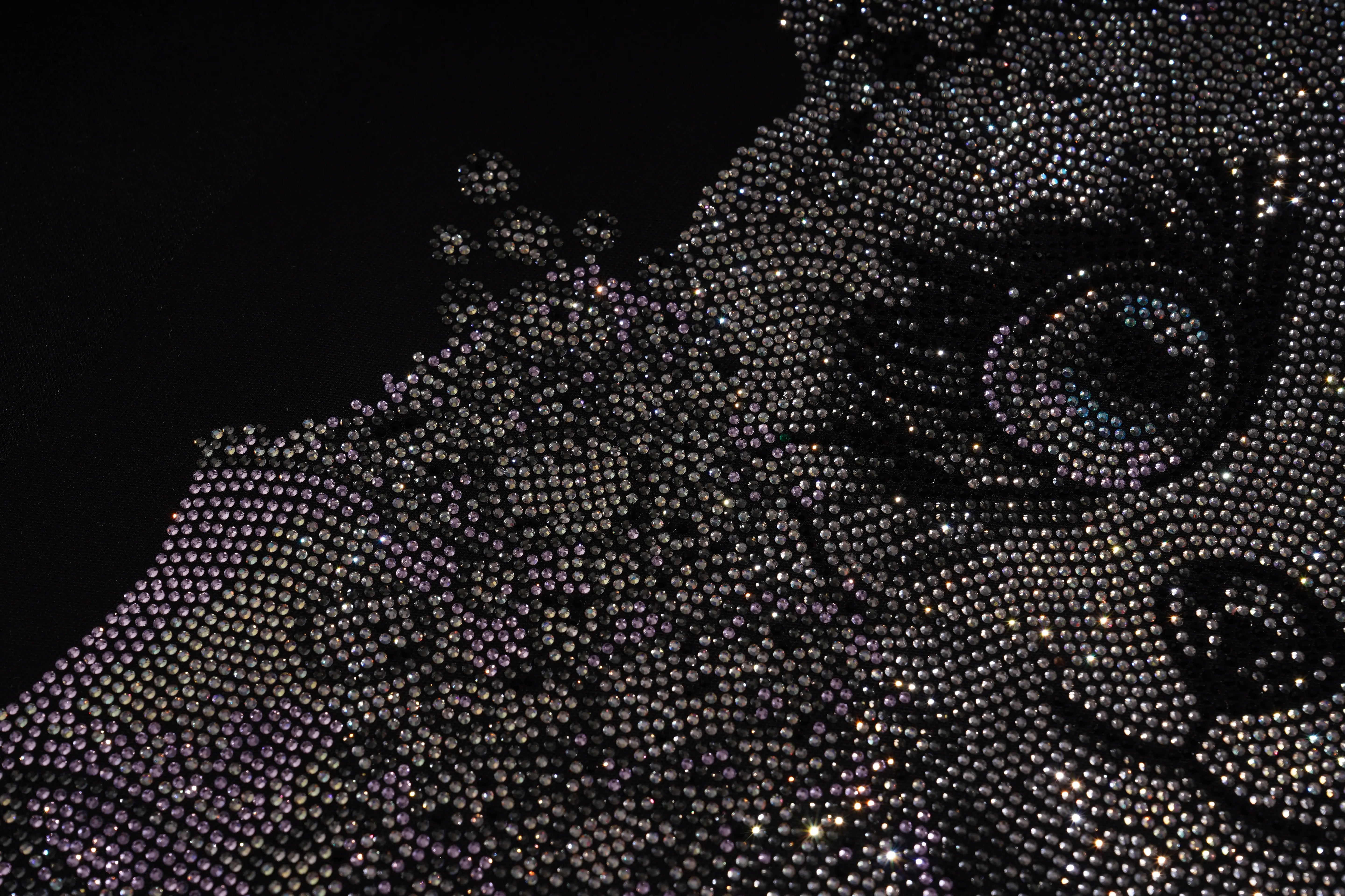 Close-up of a textured black surface with small beads or stones. TCH Rhinestone Panda Bow Dress