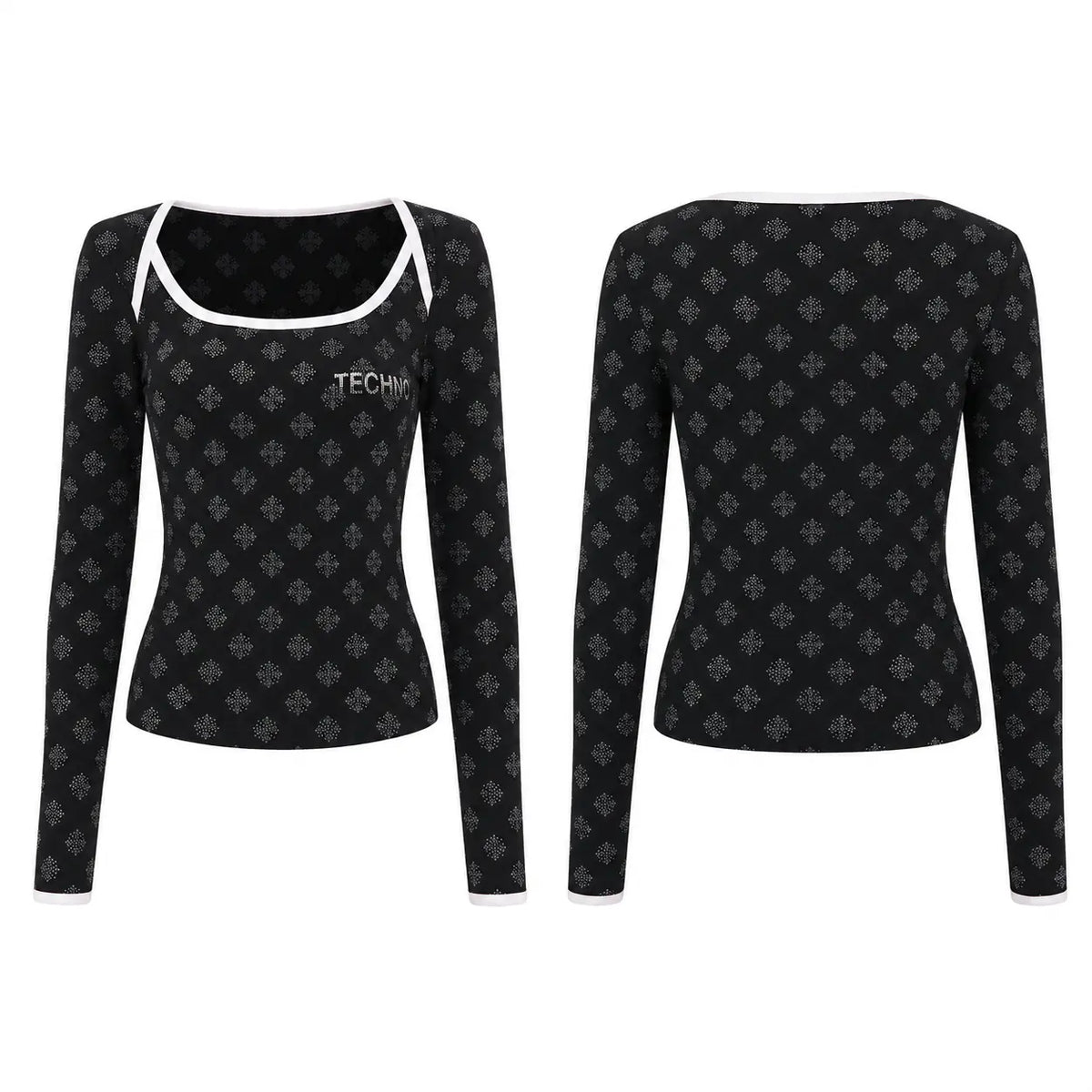A women's long-sleeve scoop-neck top shown from both front and back views. The top is black with a repeating gray geometric pattern and features white trim along the scoop neckline, cuffs, and hem. TCH Rhinestone Pattern Long Sleeve Top