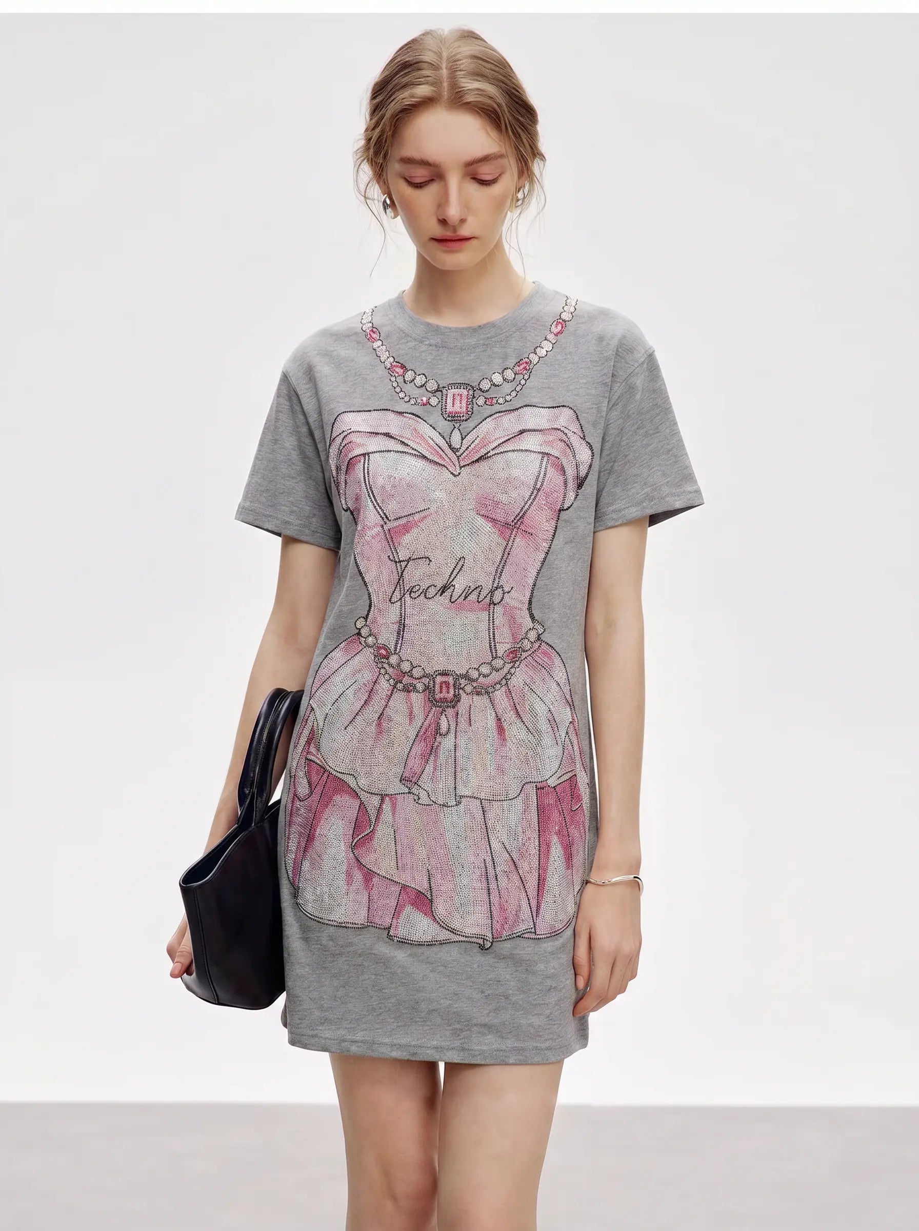 TCH Rhinestone Pearl Corset Graphic Mini Dress