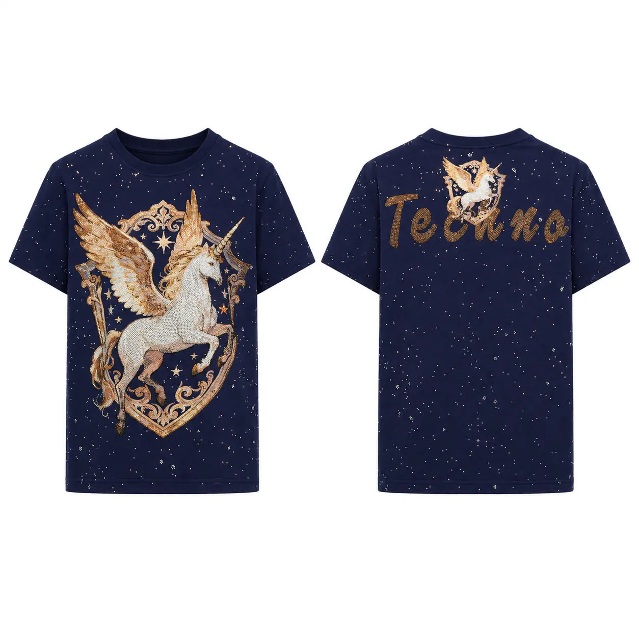 A navy blue short-sleeve t-shirt with a starry speckled print, shown from both the front and back. The front features a large graphic of a white winged unicorn inside an ornate gold shield. TCH Rhinestone Pegasus Wing Graphic Navy Blue T-Shirt