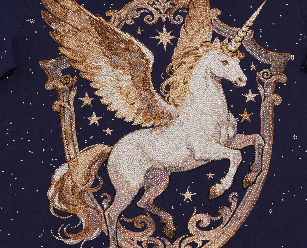 A close-up of a dark navy fabric featuring a large, detailed beaded graphic of a white unicorn with gold wings and a gold horn, framed by an ornate gold crest and surrounded by small gold stars. TCH Rhinestone Pegasus Wing Graphic Navy Blue T-Shirt