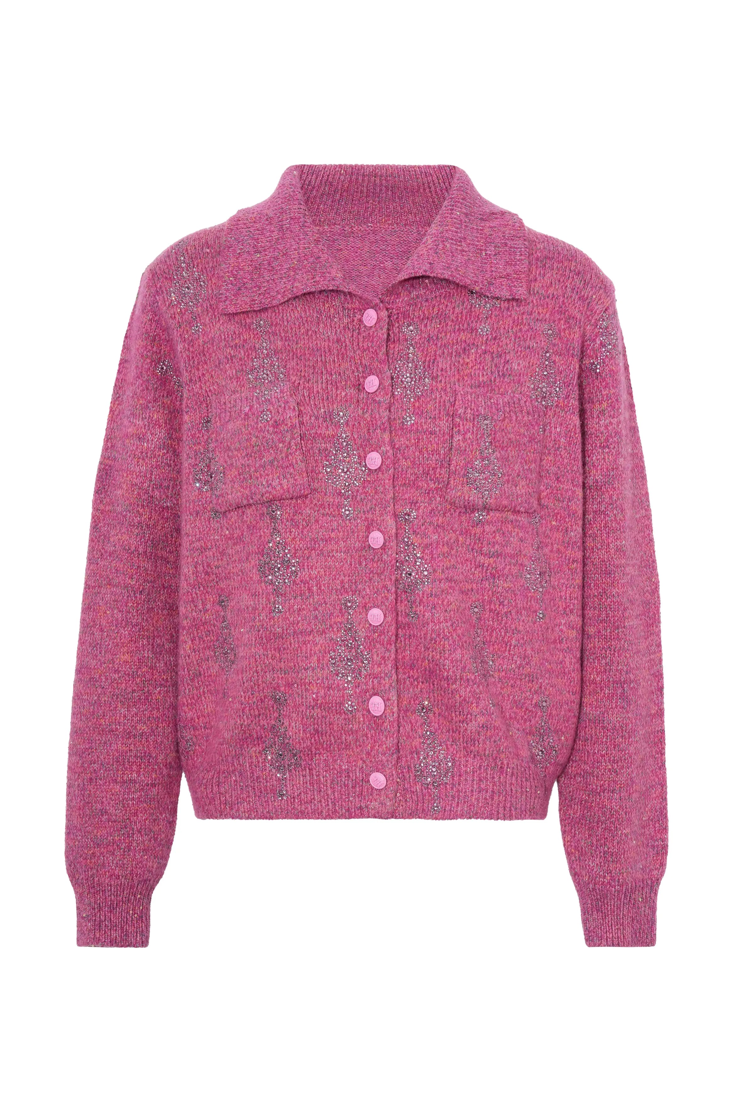 Pink textured cardigan with button details on a white background, TCH Rhinestone Pendant Pattern Pink Knit Cardigan