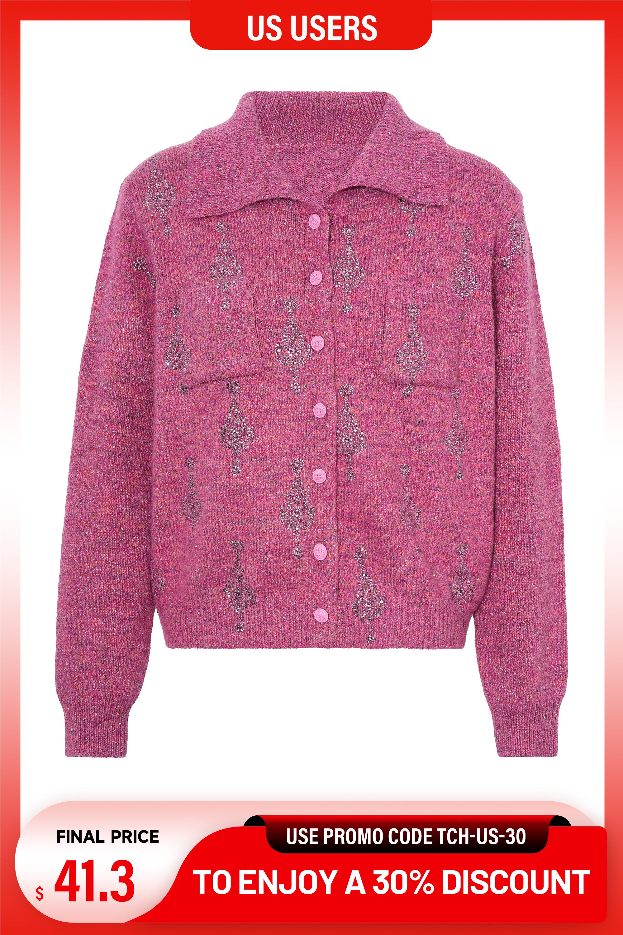 Purple cardigan with teddy bear design on a white background, TCH Rhinestone Pendant Pattern Pink Knit Cardigan
