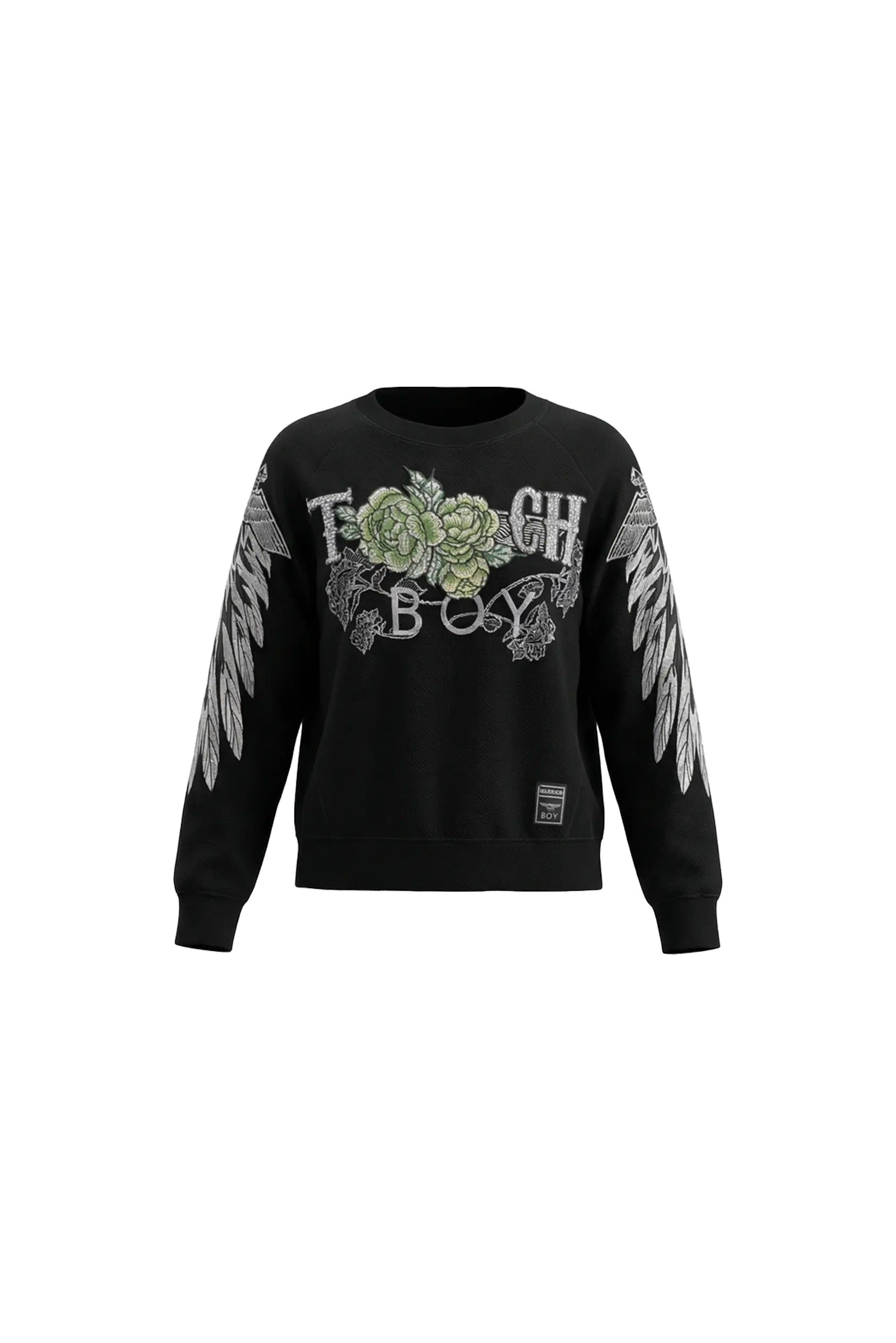 Black sweatshirt with floral design and text on sleeves against a white background, TCH Rhinestone Peony Wing Graphic Crew Neck Sweatshirt