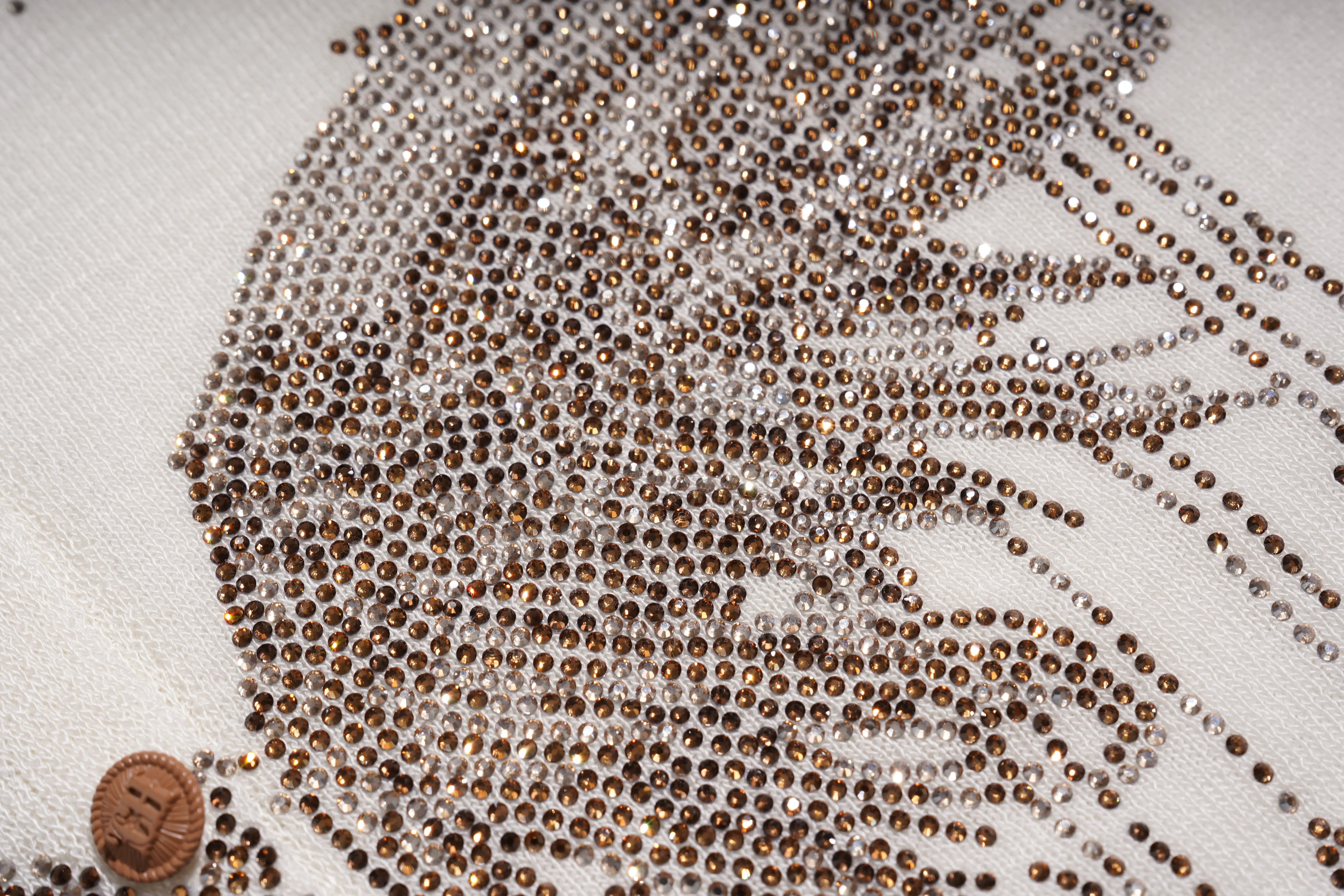 A close-up of many small metallic rhinestones or seed beads arranged in curved lines on a white fabric background, with a penny coin at the lower left for scale. TCH Rhinestone Phoenix Wings Button Knit Top