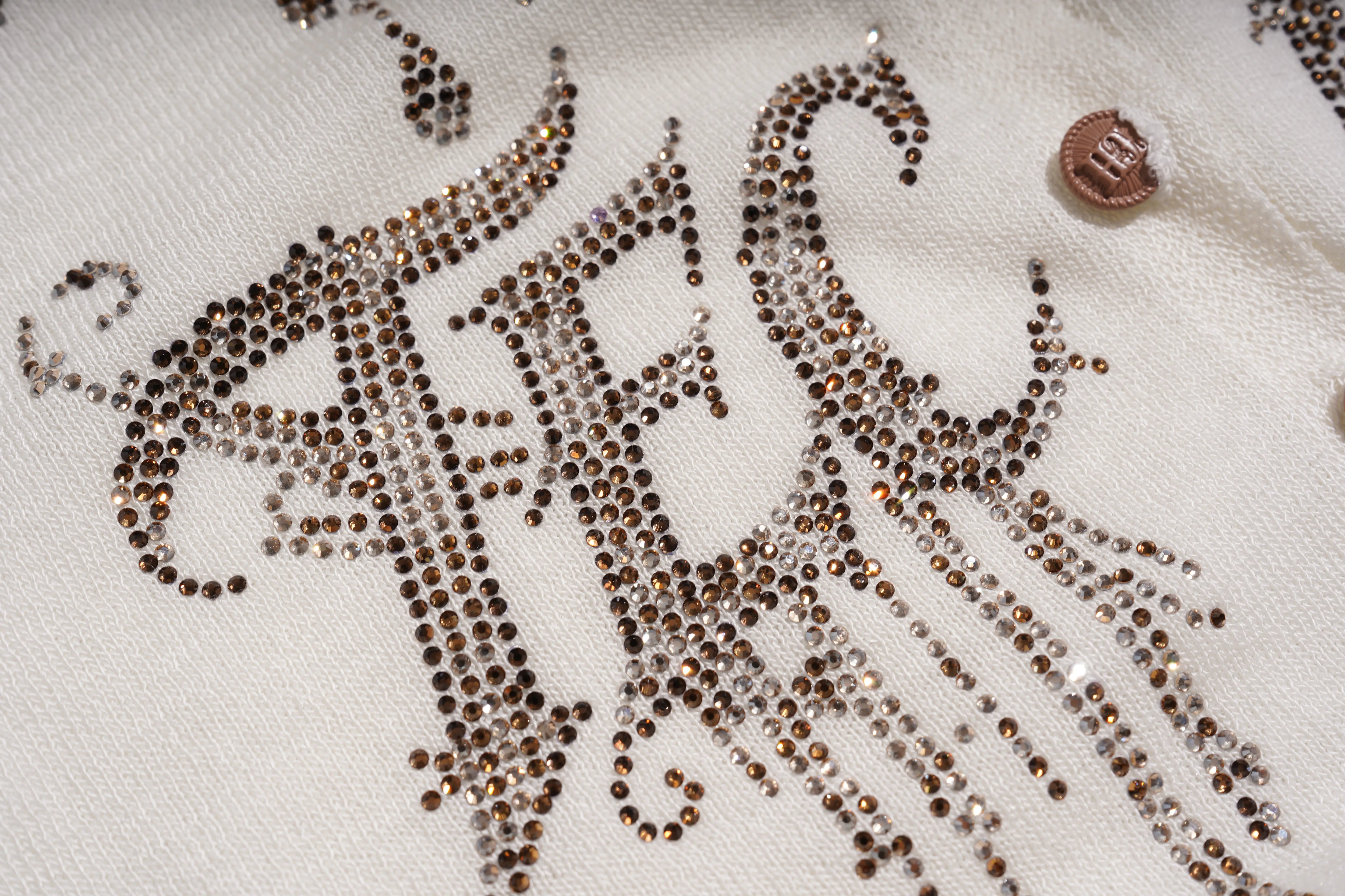 Close-up of a white fabric surface decorated with large metallic rhinestone monogram letters in rose gold and silver tones, with a small rose gold button visible near the upper right. TCH Rhinestone Phoenix Wings Button Knit Top