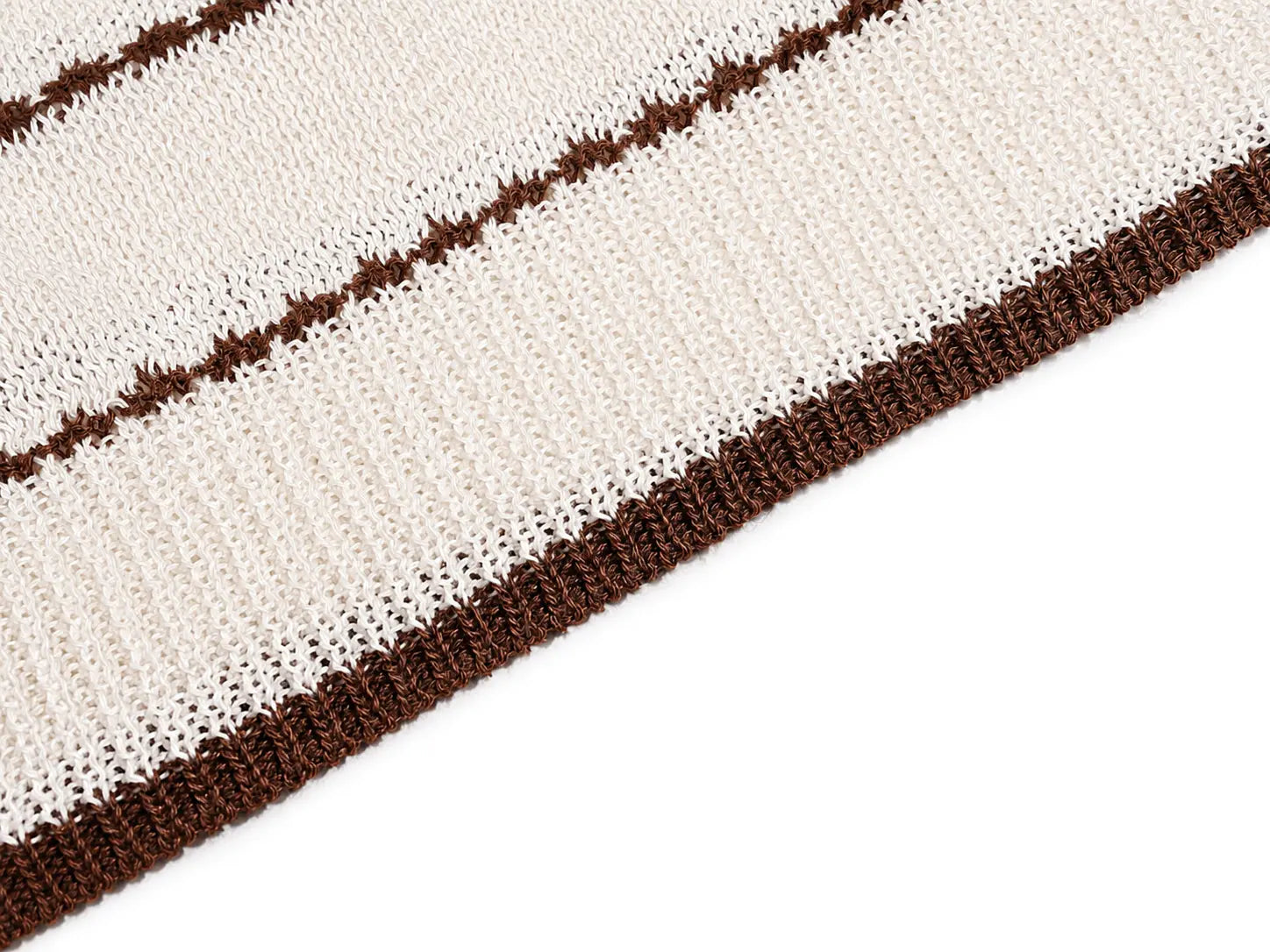 Close-up of a knitted textile with alternating cream and dark brown stripes, showing the knit texture and ribbed brown edge on a white background. TCH Rhinestone Piggy Bow Striped Knit Top