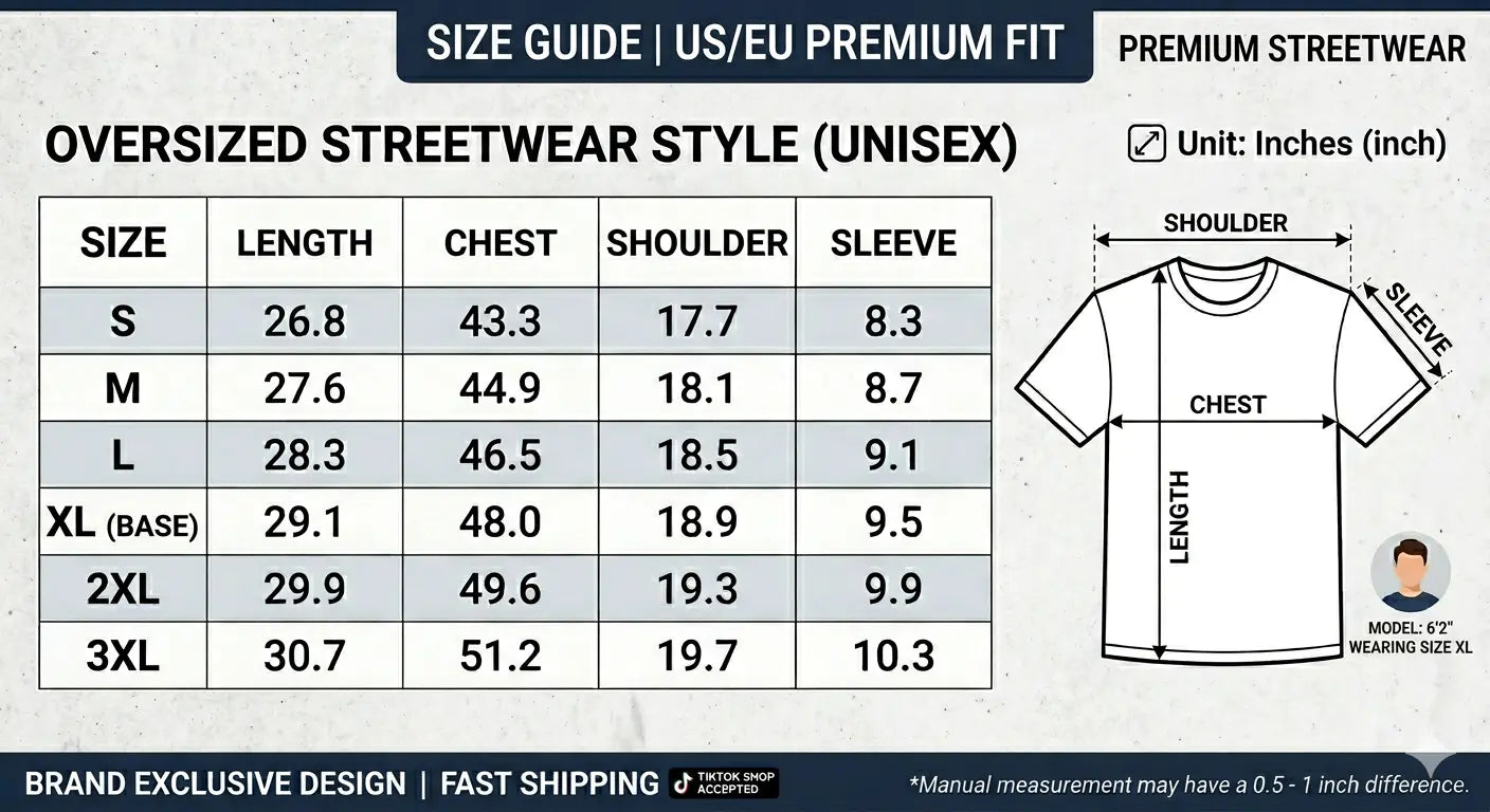 Size guide for oversized streetwear style t-shirt with measurements in inches. TCH Rhinestone Pink Teddy Bear T-Shirt